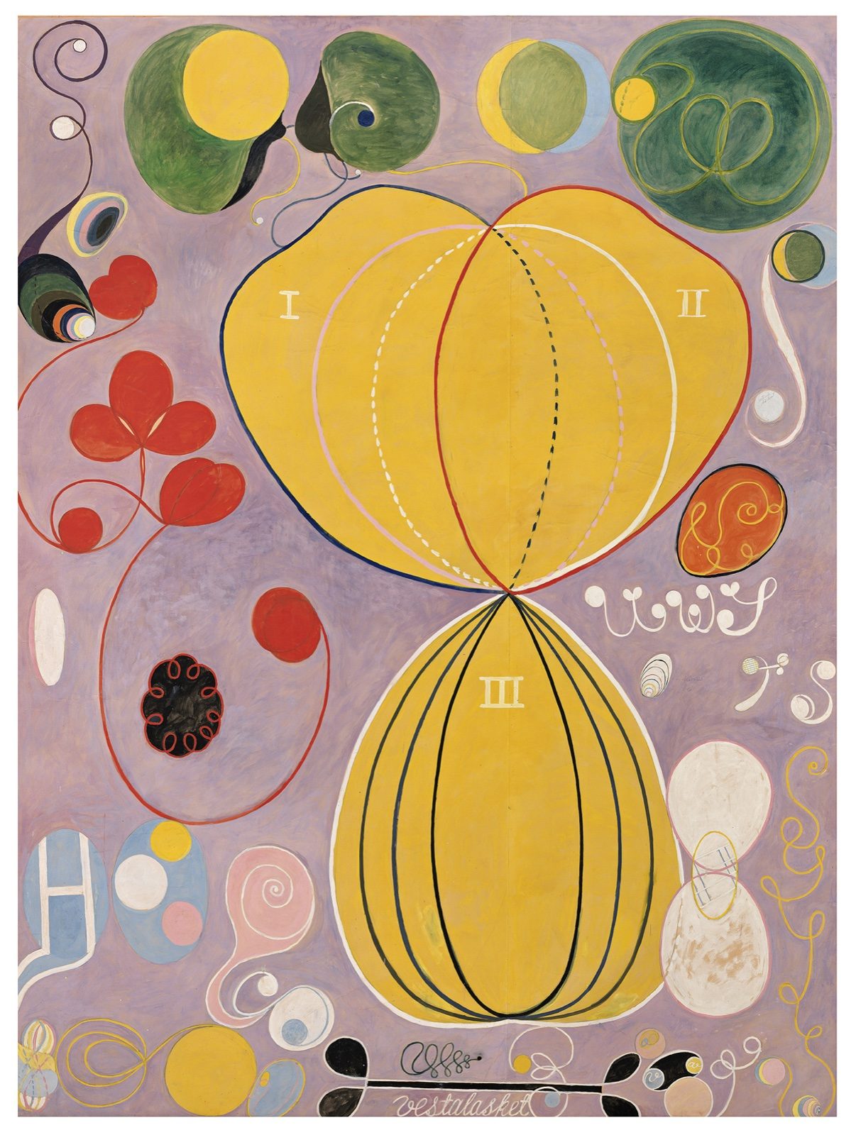 Hilma af Klint's The Ten Largest, No. 7, Adulthood (1907), a monumental tempera-on-paper painting with spiralling abstract forms in orange, pink and blue, showing no recognisable figure or object.