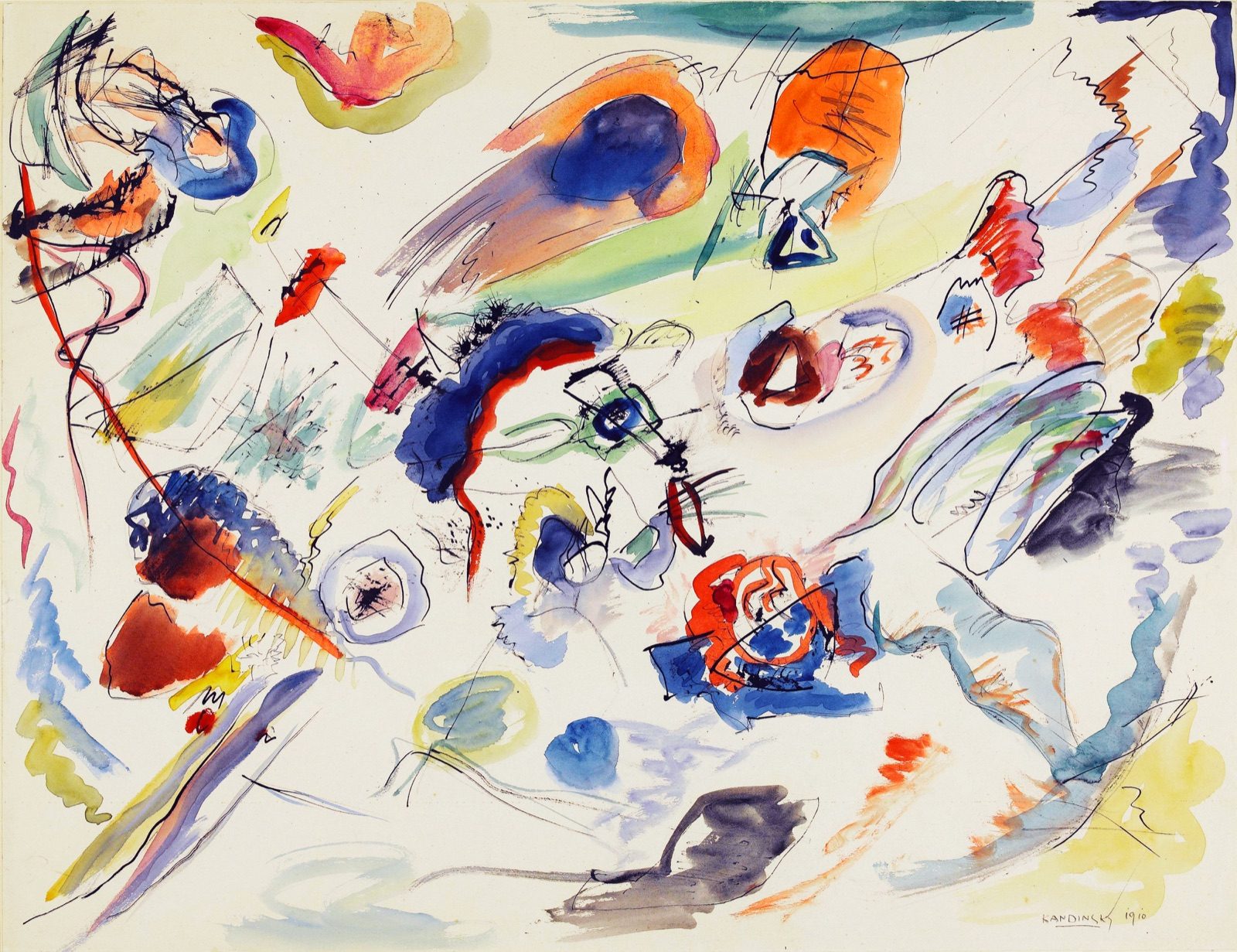 Kandinsky's Untitled watercolour, catalogued 1913, showing loosely floating patches of ink and colour with no legible object, held at the Centre Pompidou.
