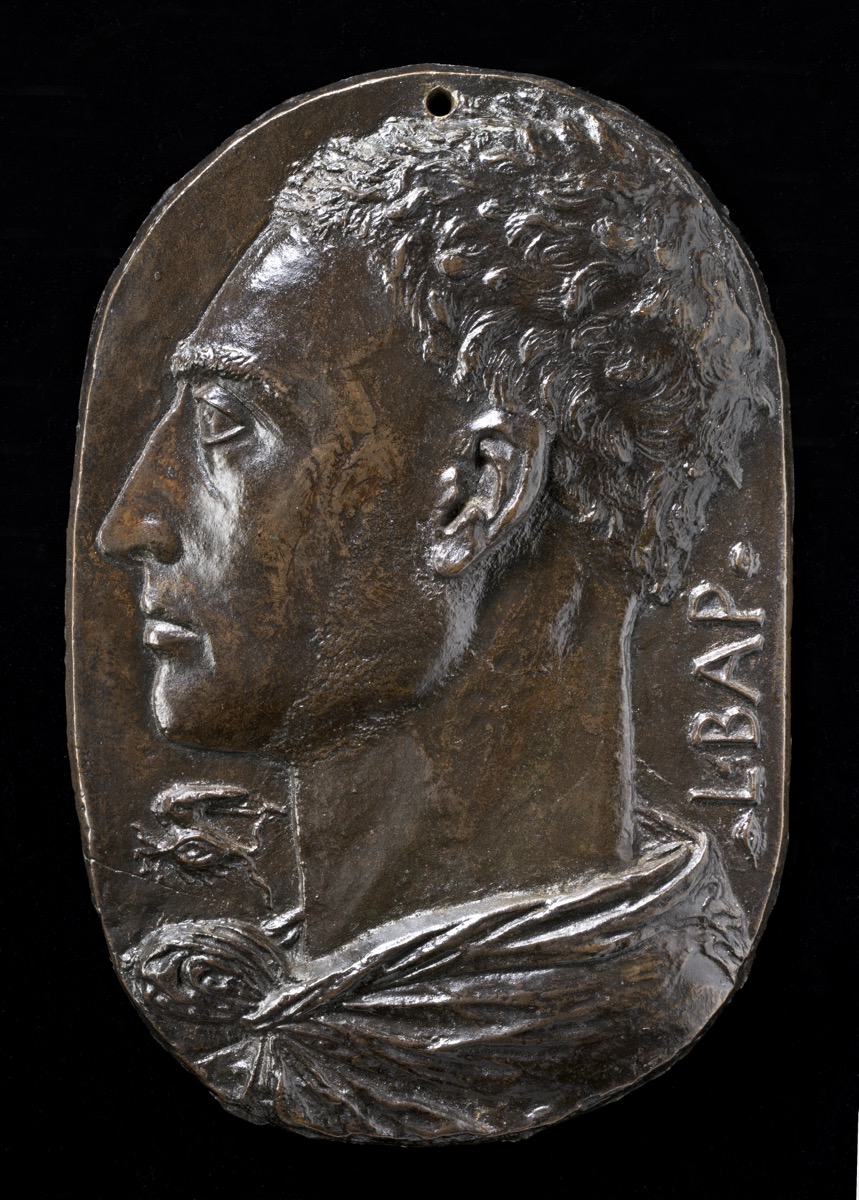 A bronze self-portrait relief by Leon Battista Alberti, c. 1435, the same year he wrote De pictura and named the centric point.