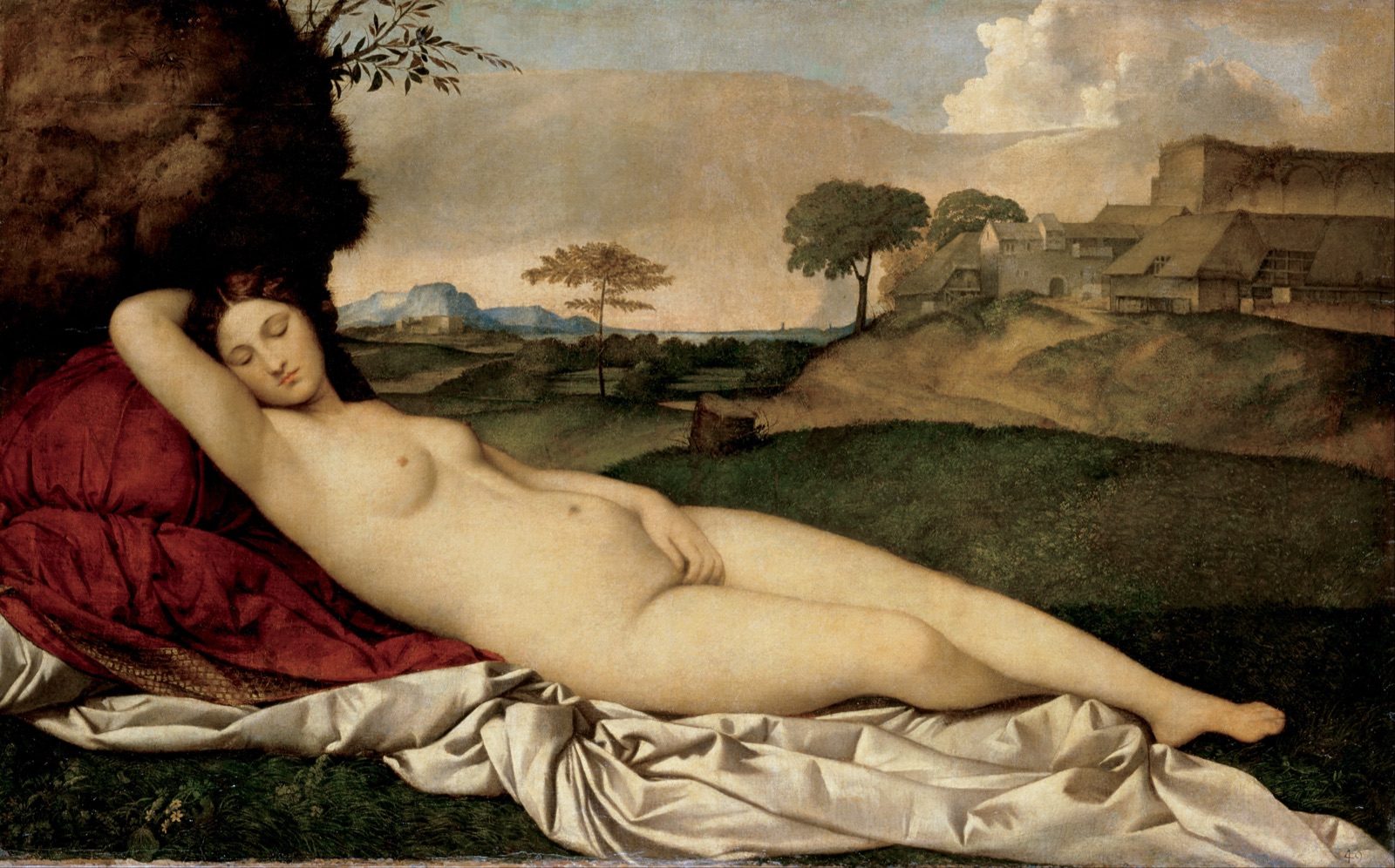 Giorgione's Sleeping Venus, a nude woman lying asleep in a landscape, her Cupid companion long painted out and only recovered by later X-ray.