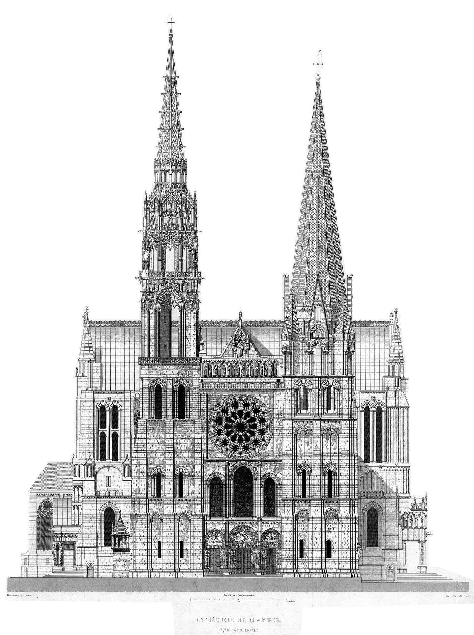 The west facade of Chartres Cathedral in France, begun in 1134 in the same early Gothic style pioneered a few years earlier at the Basilica of Saint-Denis, roughly four centuries before Giorgio Vasari's 1550 Lives blamed the style on the long-vanished Goths.