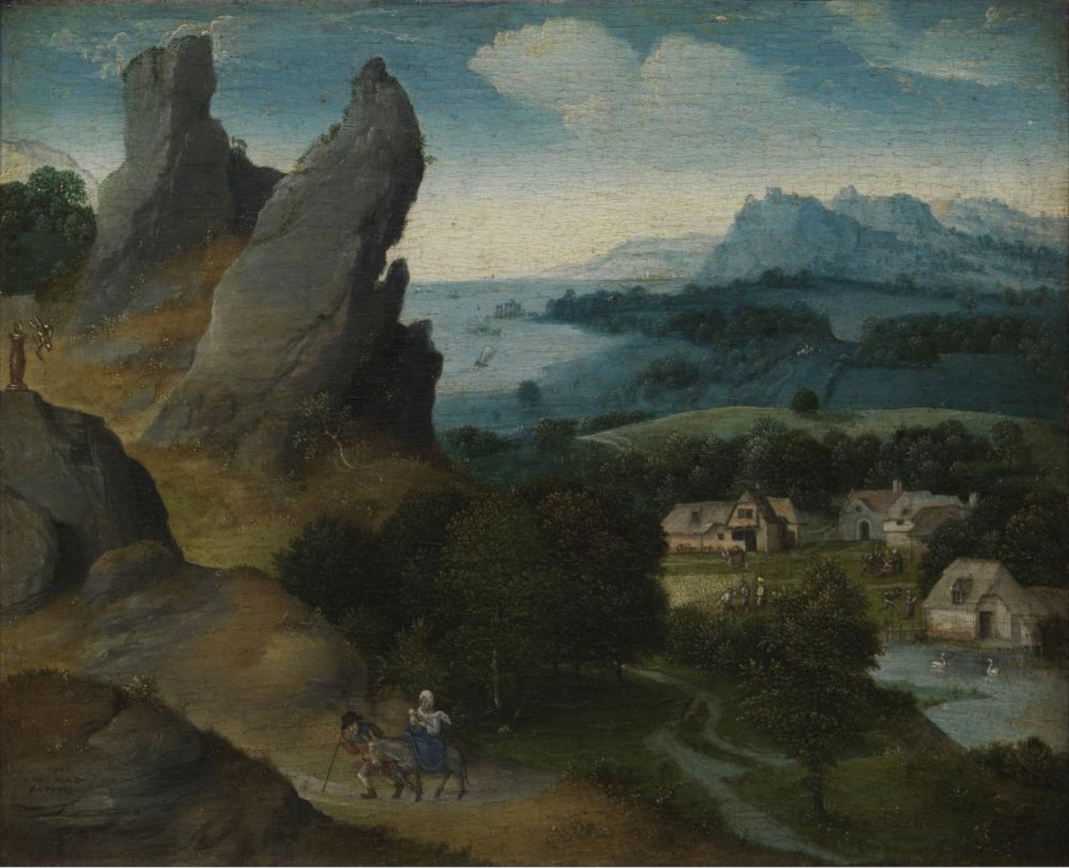 Joachim Patinir, Landscape with the Flight into Egypt: a dark rocky crag with a small idol on a ledge at the left, the Holy Family on a donkey on a path below it, a farmstead with cottages and animals at middle right, and behind them a river valley opening onto a pale blue sea with ships and distant mountains.