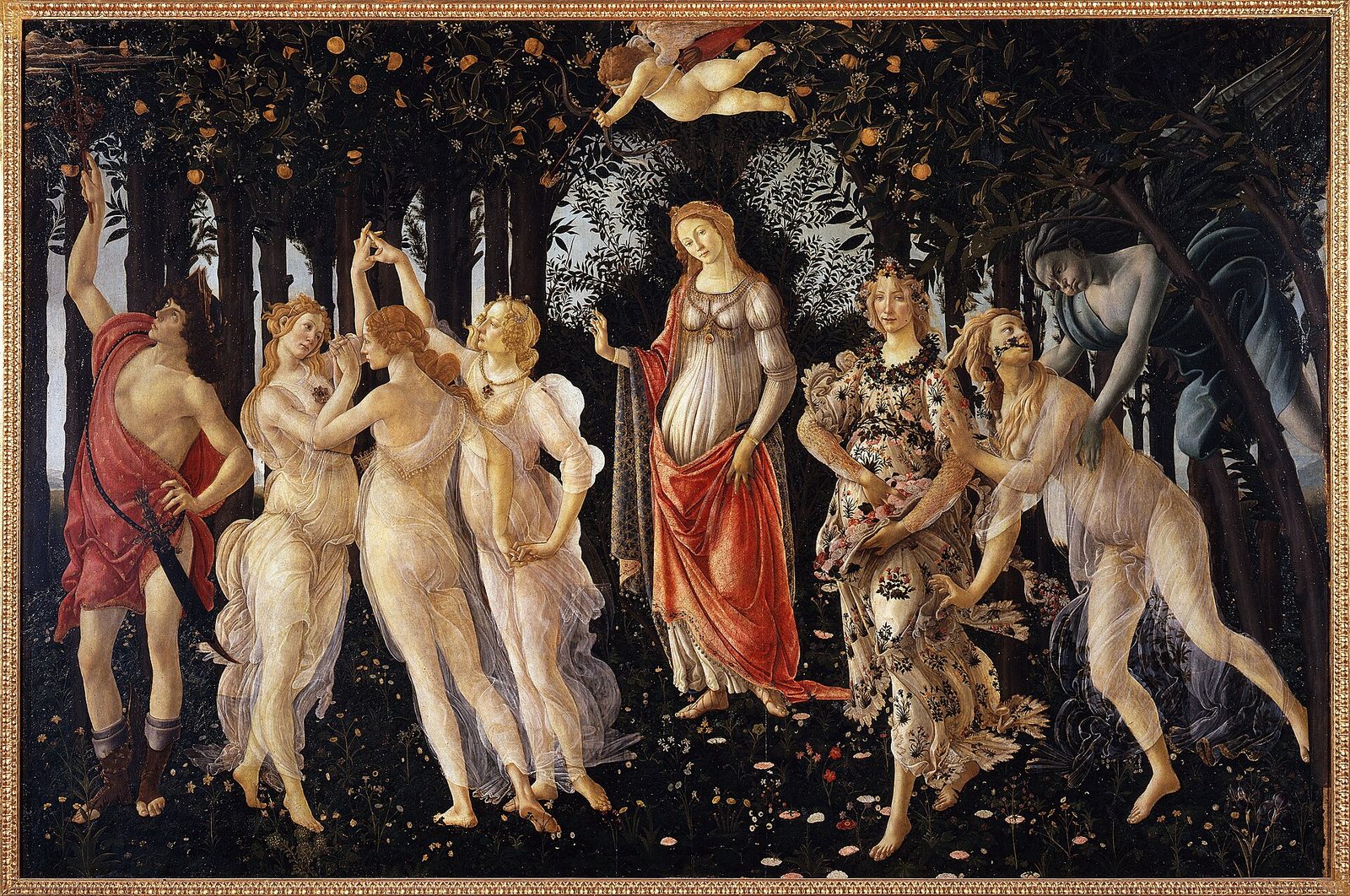 Primavera by Sandro Botticelli, painted on wood panel rather than canvas, held at the Uffizi alongside the Birth of Venus though the two are no longer assumed to share a single commission.