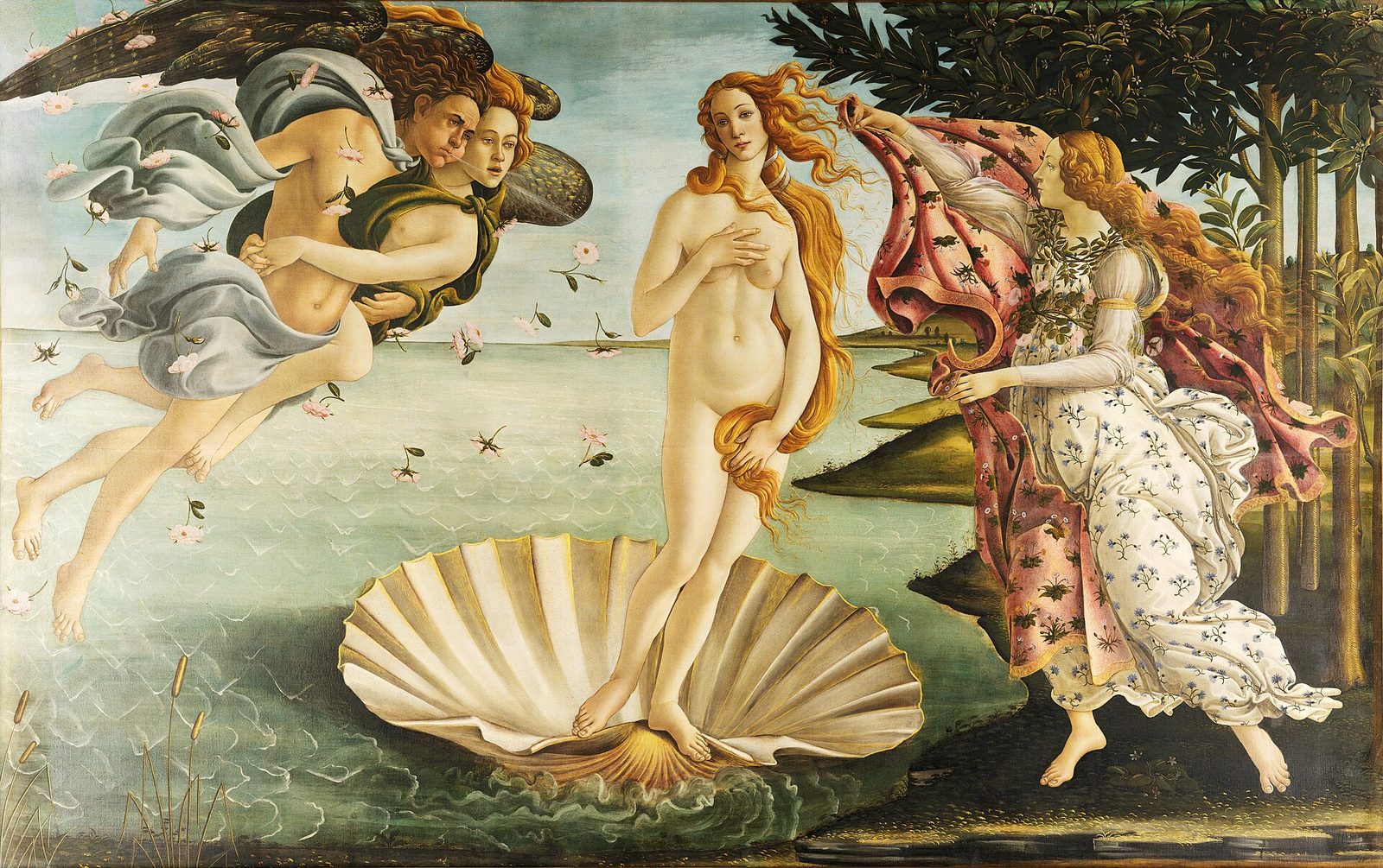 The Birth of Venus by Sandro Botticelli, showing the goddess standing on a giant scallop shell as Zephyr and a companion blow her toward shore and a robed figure holds out a flowered cloak.