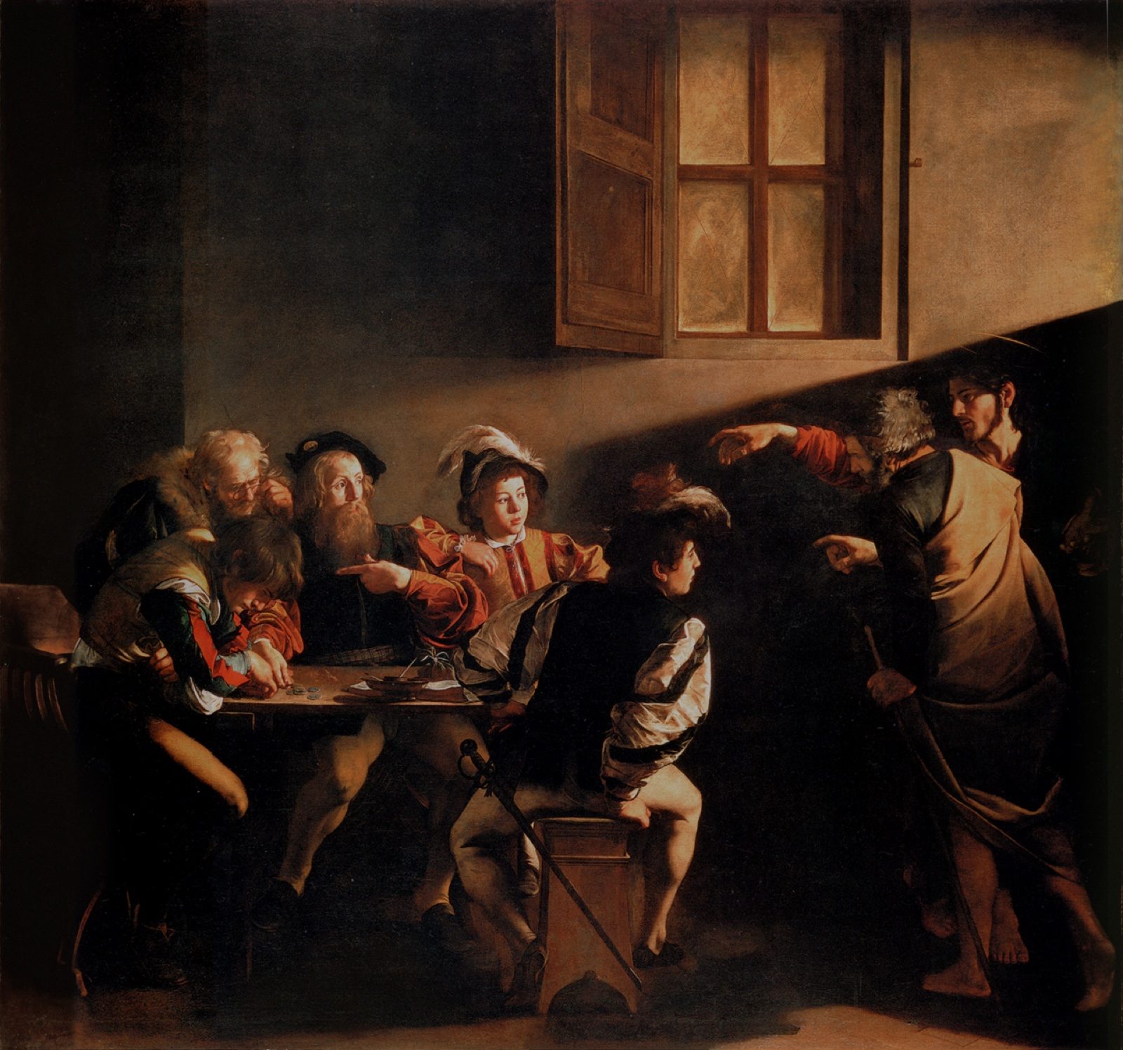 The Calling of Saint Matthew by Caravaggio, 1599-1600, showing Christ pointing into a dim tavern room at a group of men counting money at a table, a shaft of light cutting across the wall above them.
