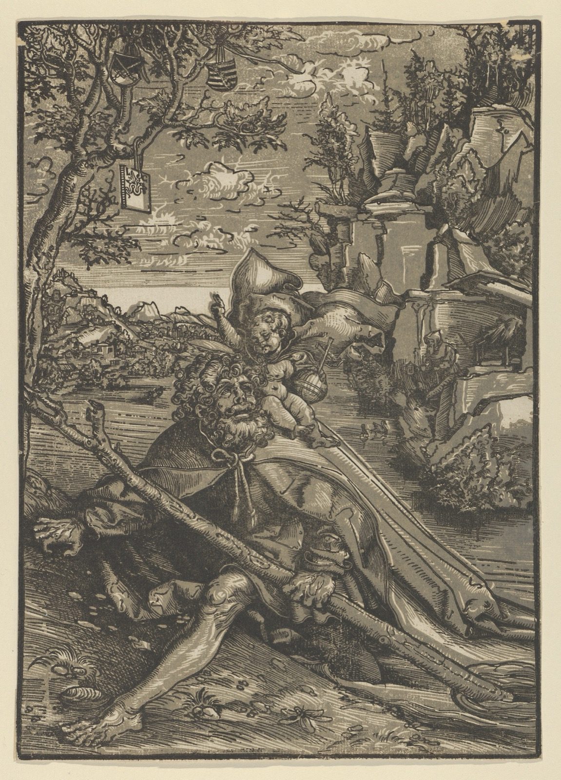 Lucas Cranach the Elder's chiaroscuro woodcut Saint Christopher, inscribed 1506 but dated by the Cleveland Museum of Art to probably after 1508.