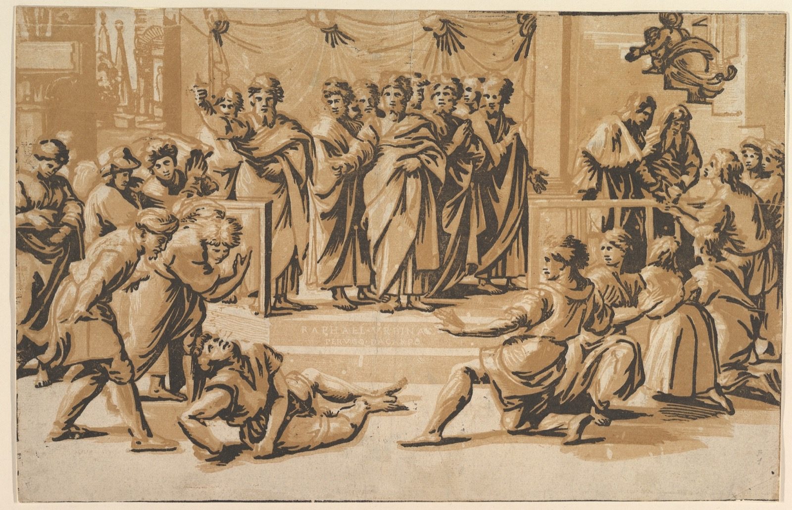 Ugo da Carpi's four-block chiaroscuro woodcut The Death of Ananias, 1518, the print for which Pope Leo X granted him a copyright.