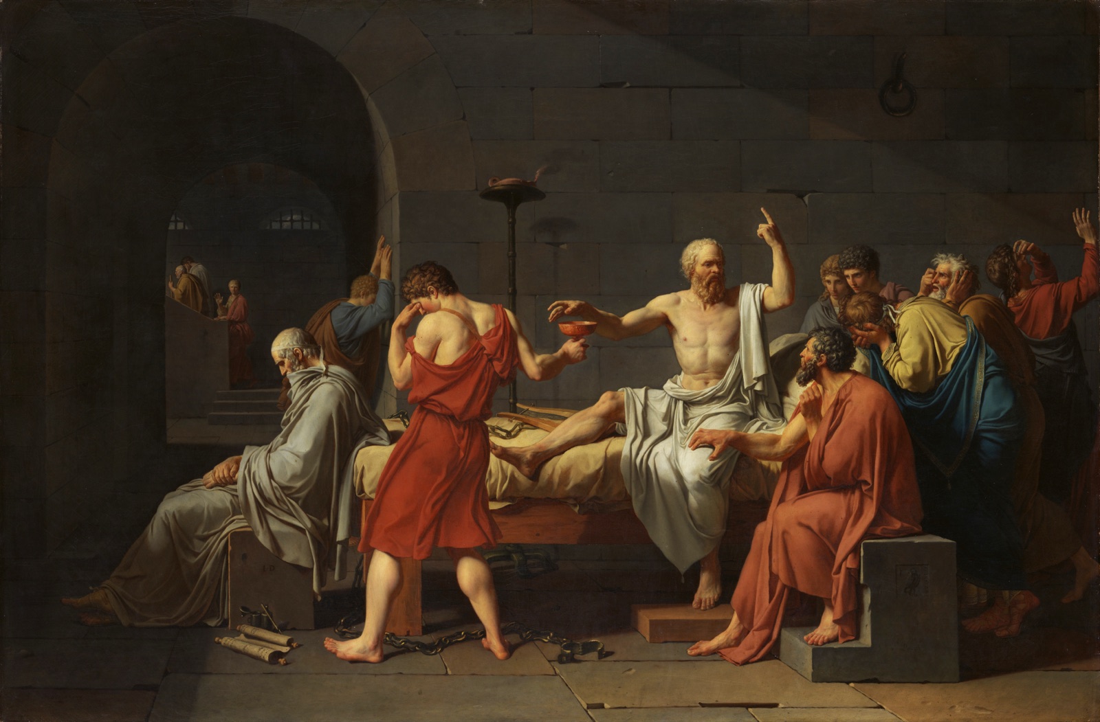 Jacques-Louis David's The Death of Socrates, 1787, showing Socrates reaching for a cup of hemlock while still gesturing upward as if teaching, surrounded by grieving disciples, with Plato seated and slumped at the foot of the bed.