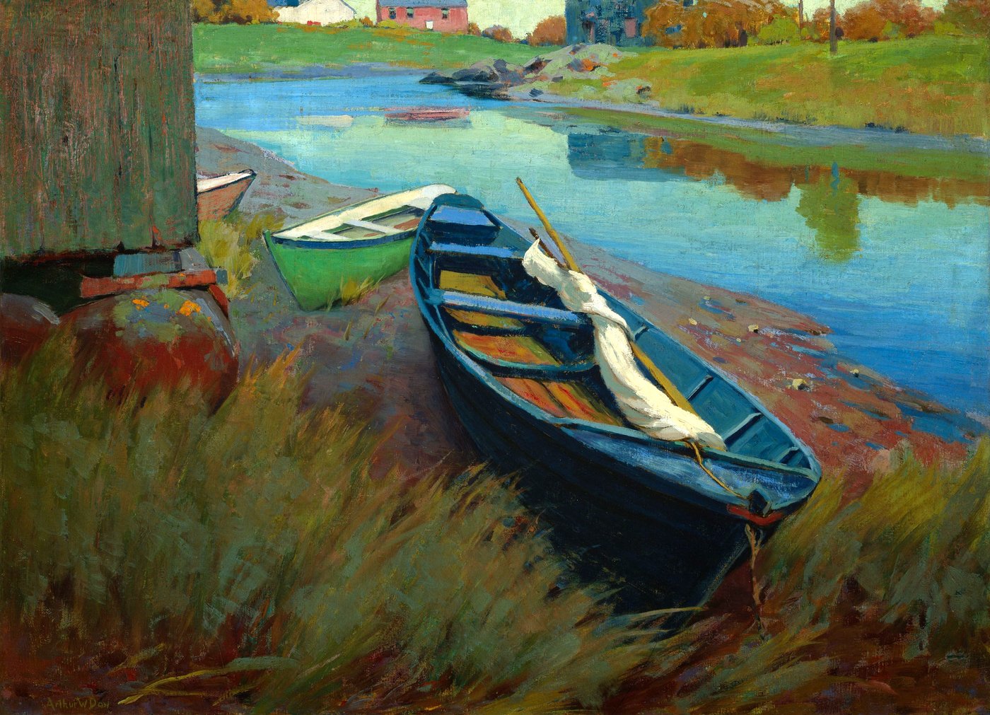 Boats at Rest, an oil painting by Arthur Wesley Dow from around 1895, built from the flat massed dark-and-light shapes he called notan.