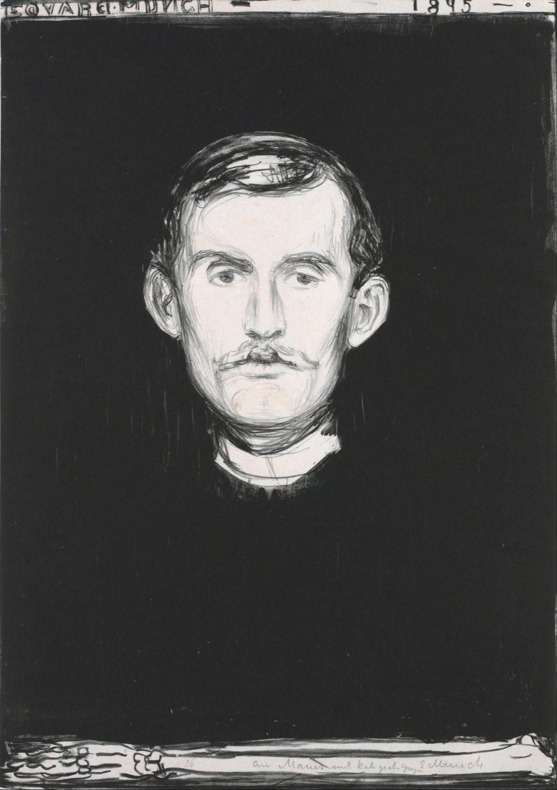 Edvard Munch's 1895 lithograph Self-Portrait with Skeleton Arm, showing his head against a black background above a skeletal forearm along the bottom edge