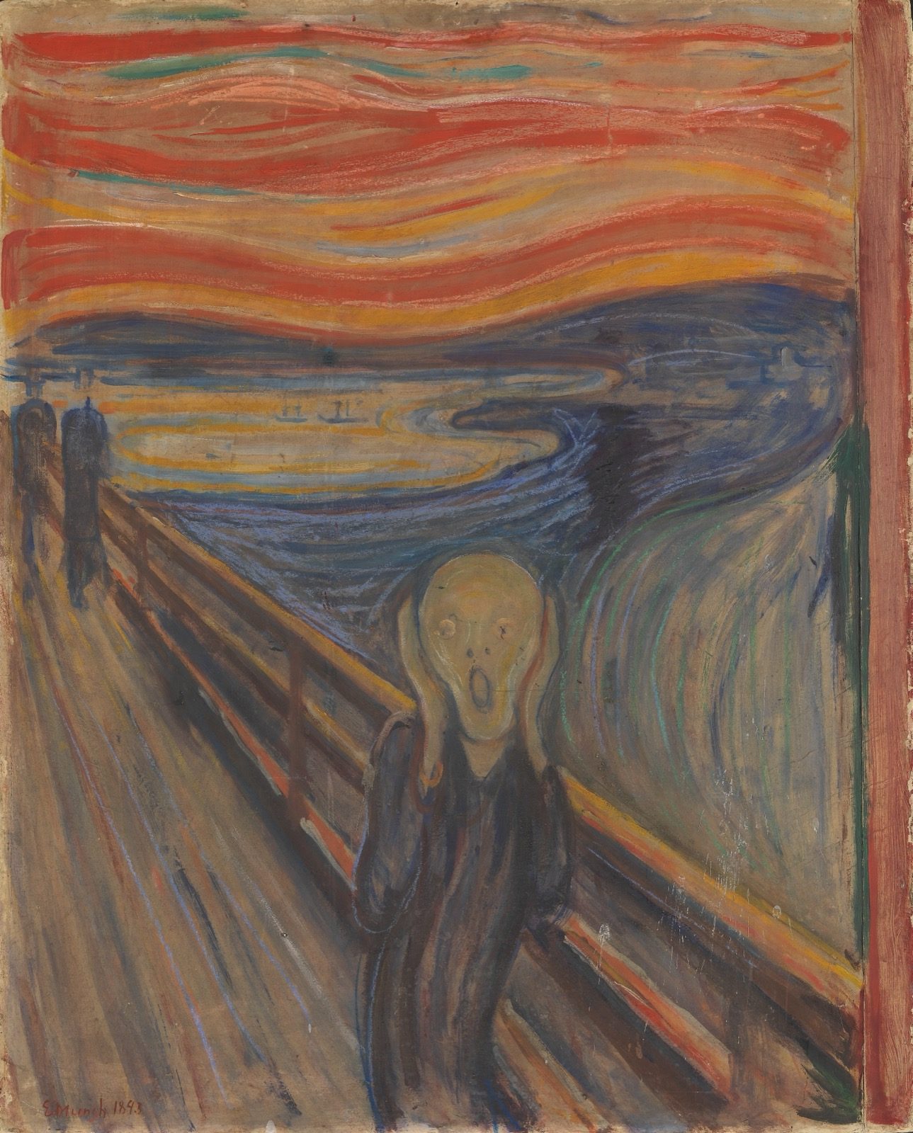 Edvard Munch's 1893 tempera and grease crayon version of The Scream, showing the central figure against a swirling orange and blue sky, held by the National Museum of Norway
