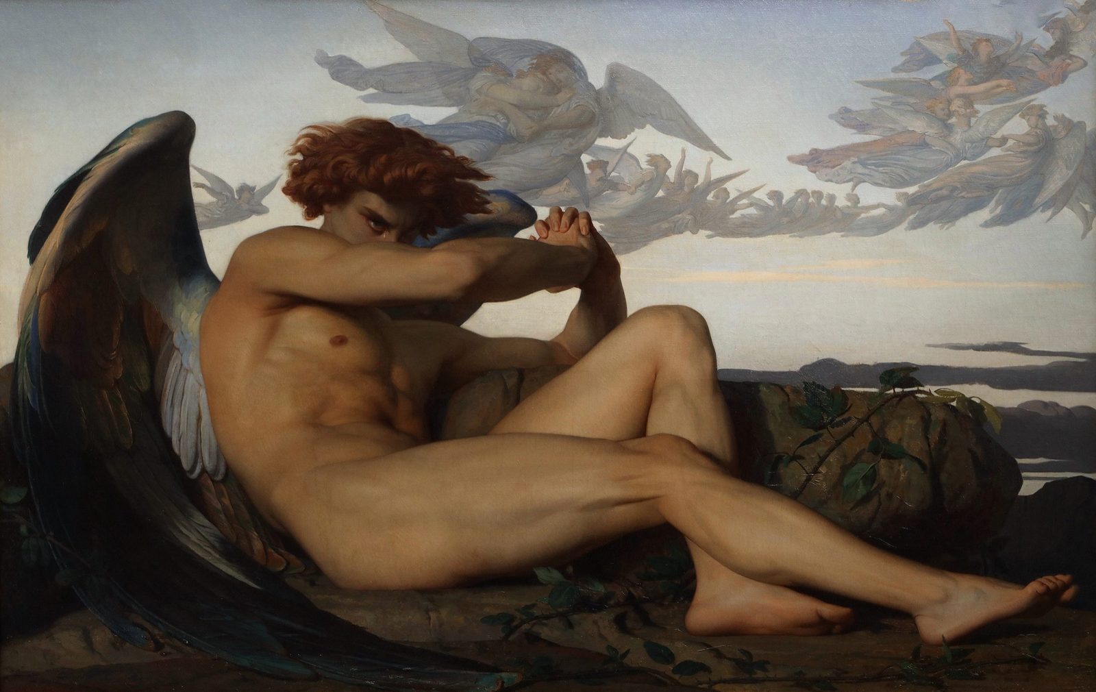 Alexandre Cabanel's 1847 painting The Fallen Angel, showing a nude Lucifer reclining on rocky ground with his face partly hidden behind his arm and tears in his eyes, while a legion of angels flies through the sky above him.