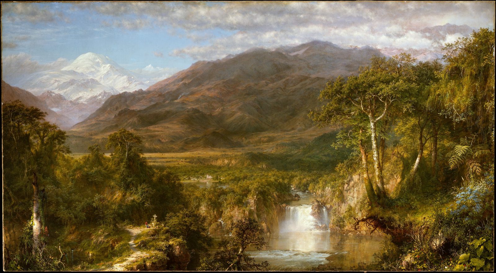 Frederic Edwin Church's 1859 painting Heart of the Andes, a large composite view of Ecuadorean mountains, waterfalls, and jungle assembled from sketches made on two separate expeditions.