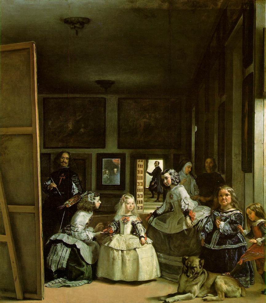 Diego Velázquez's 1656 painting Las Meninas, showing the Infanta Margarita Teresa surrounded by her ladies-in-waiting, with Velázquez himself at a large canvas on the left and a mirror on the back wall reflecting King Philip IV and Queen Mariana.