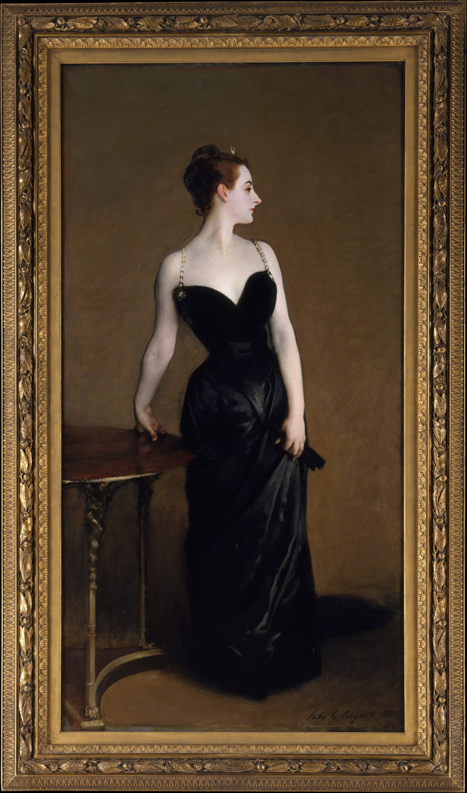 John Singer Sargent's 1883–84 portrait Madame X, showing Virginie Amélie Avegno Gautreau in profile in a black gown, in the repainted version with both shoulder straps in place.