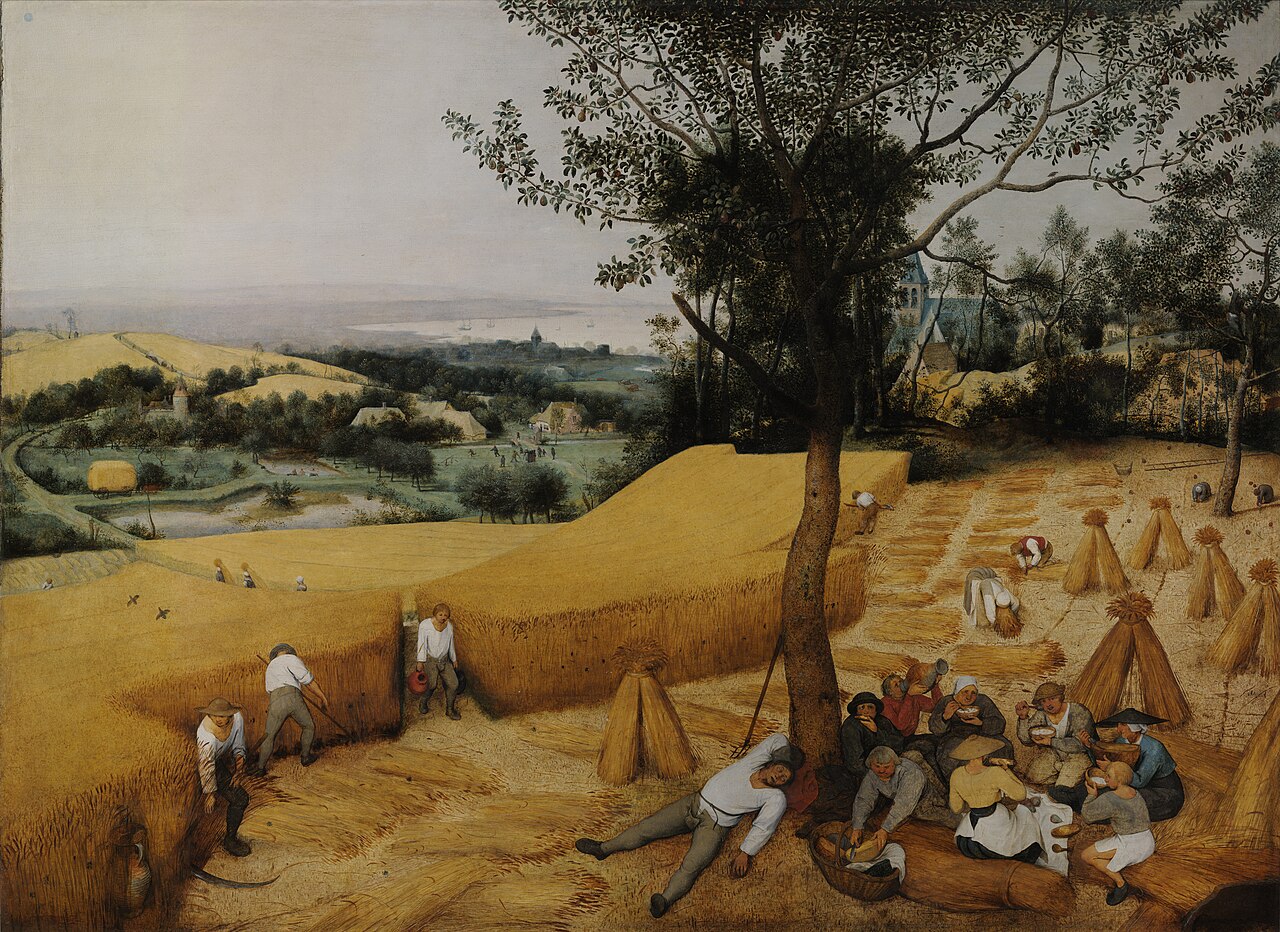 Bruegel's The Harvesters: peasants cutting and binding wheat across a golden field, one asleep under a tree, with a village, church tower and a wide bay in the distance.