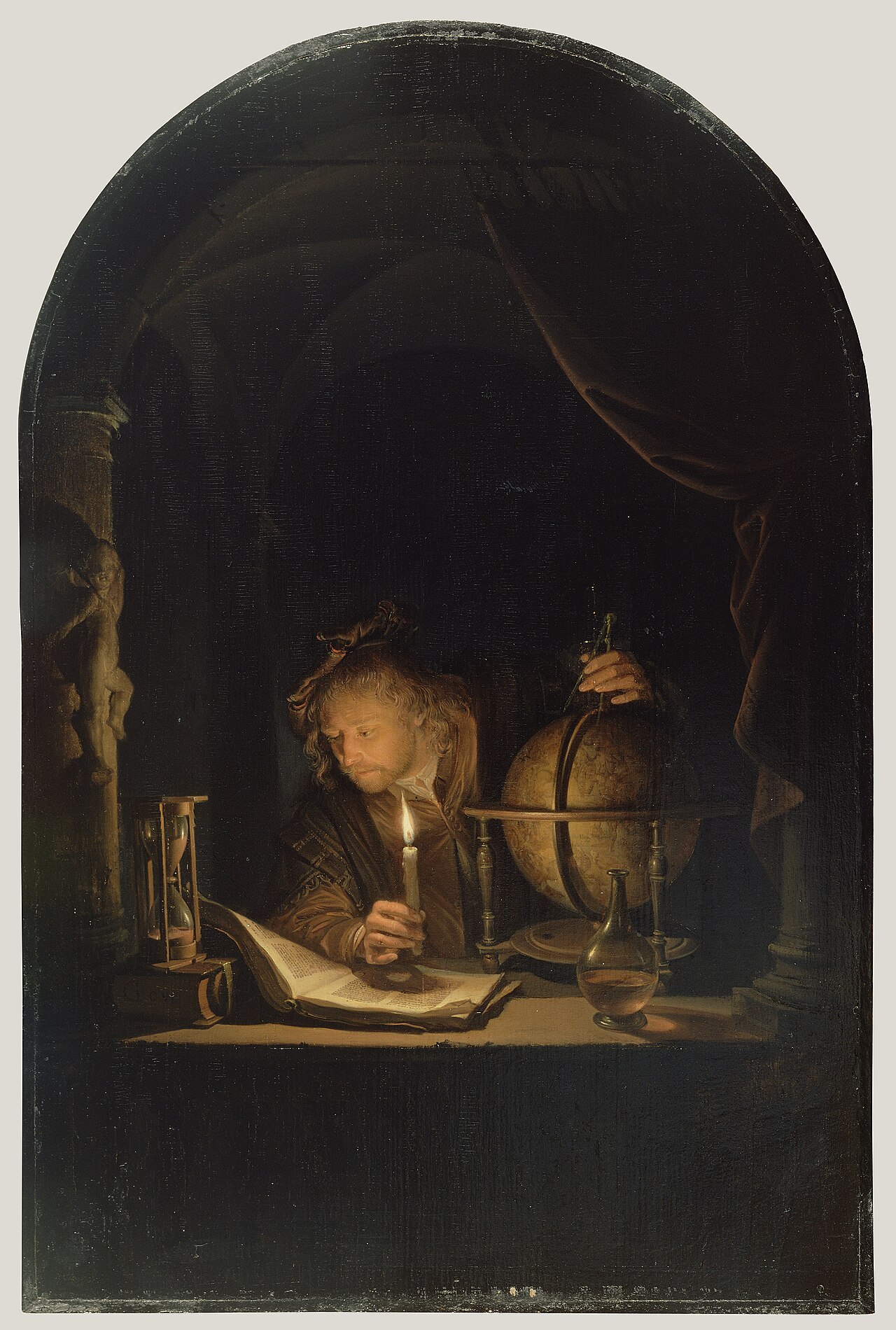 Gerrit Dou's Astronomer by Candlelight: a man in a feathered cap leans over an open book, a single candle lighting his face, a globe and hourglass on the table beside him, framed by a stone arch.