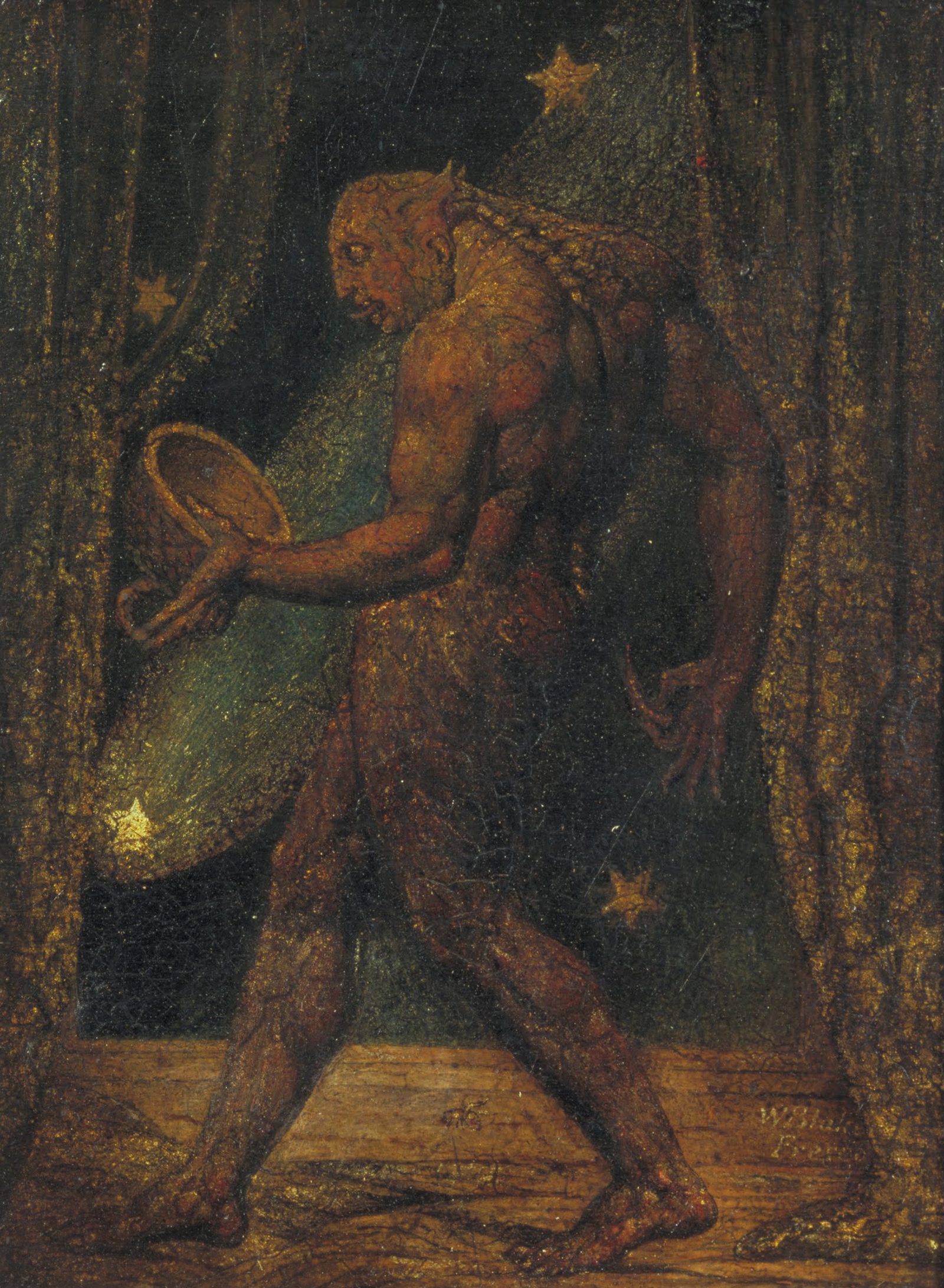 William Blake's 'The Ghost of a Flea', c.1819-20, a tempera and gold panel painting depicting a muscular, part-reptilian, part-human figure striding between curtains while holding a cup of blood.