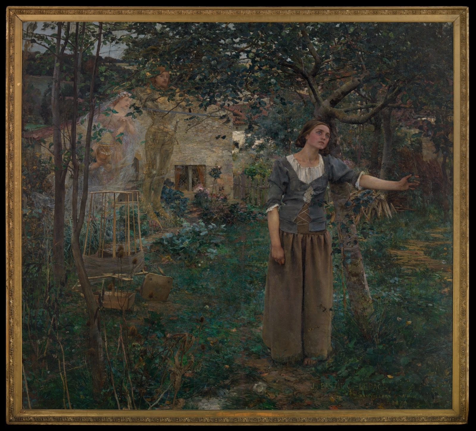 Jules Bastien-Lepage's 1879 painting Joan of Arc, showing the peasant girl in her parents' garden reaching toward the faint, transparent figures of three saints who appear to her among the trees.