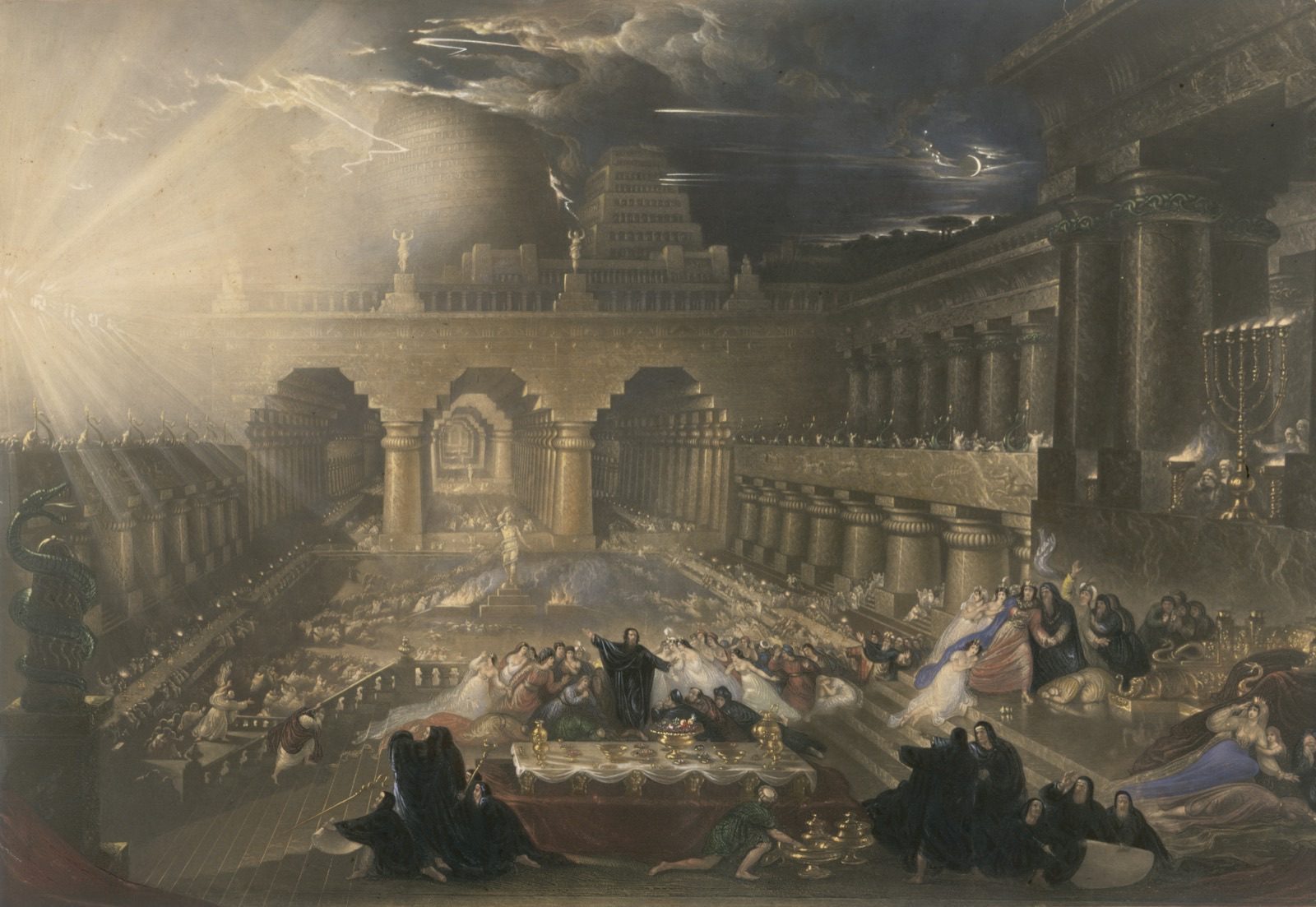 An 1826 mezzotint engraving by John Martin of Belshazzar's Feast, showing the biblical banquet hall with the writing on the wall above the crowd.