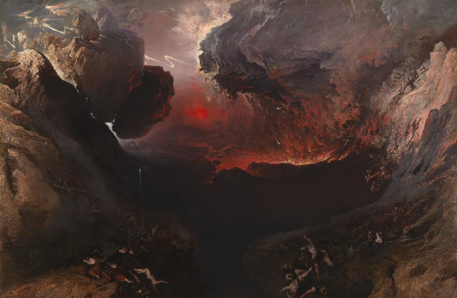 John Martin's The Great Day of His Wrath, an 1851-1853 oil painting at Tate Britain showing a mountain citadel collapsing under a dark, stormy sky.