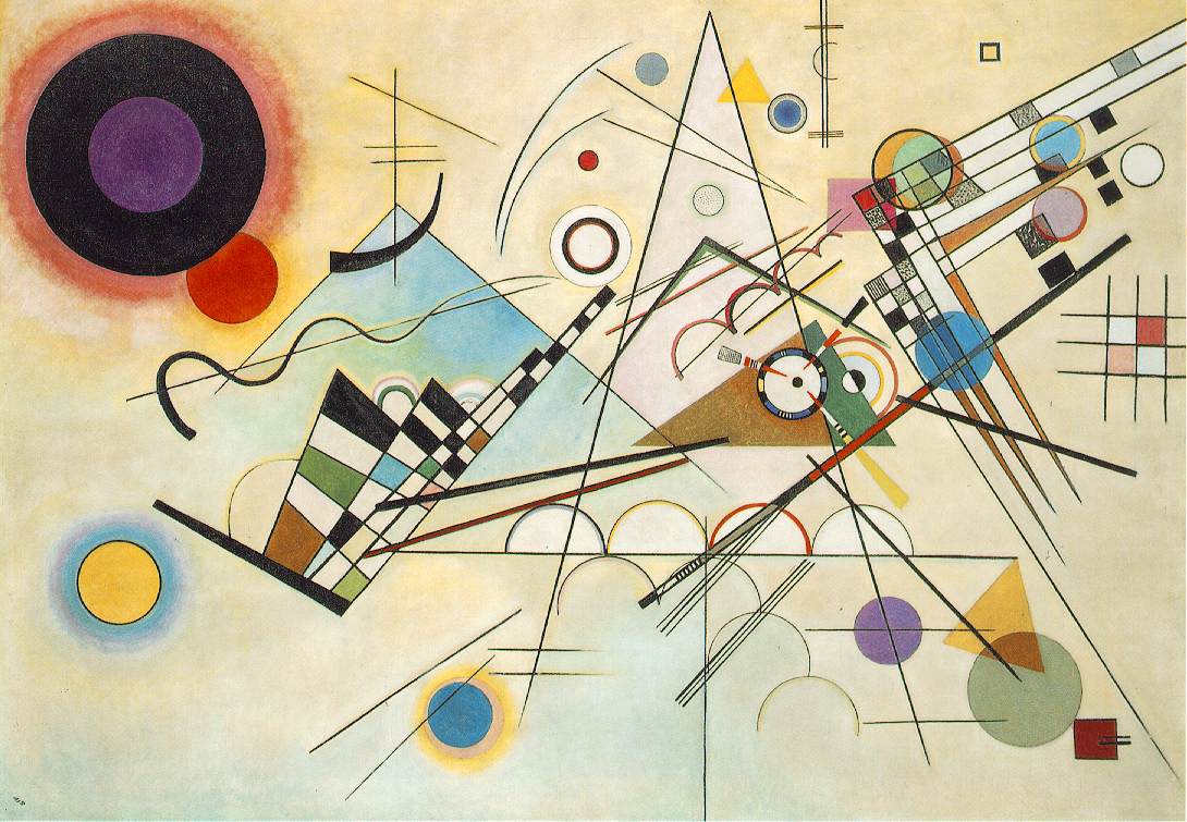 Wassily Kandinsky's Composition 8, a 1923 abstract painting built from geometric points, lines, and planes, at the Solomon R. Guggenheim Museum.