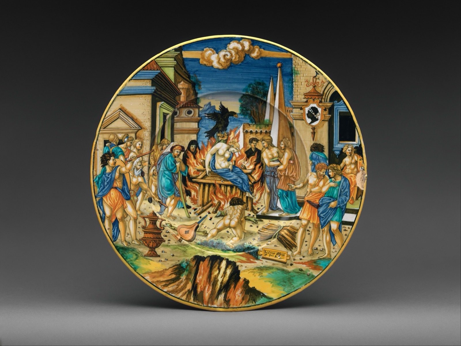 A 1532 istoriato maiolica dish painted with a mythological scene and the arms of the Pucci family, by Francesco Xanto Avelli of Urbino, tin-glazed earthenware.