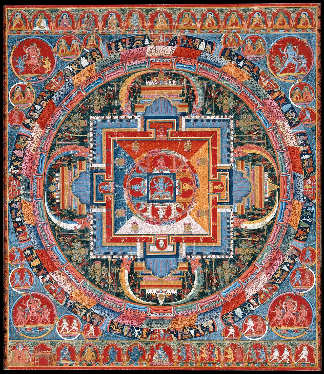 A late 14th-century Tibetan mandala thangka depicting the goddess Jnanadakini at the center, surrounded by eight emanations, protective deities, and concentric rings of lotus petals and flames, from the Metropolitan Museum of Art's collection.
