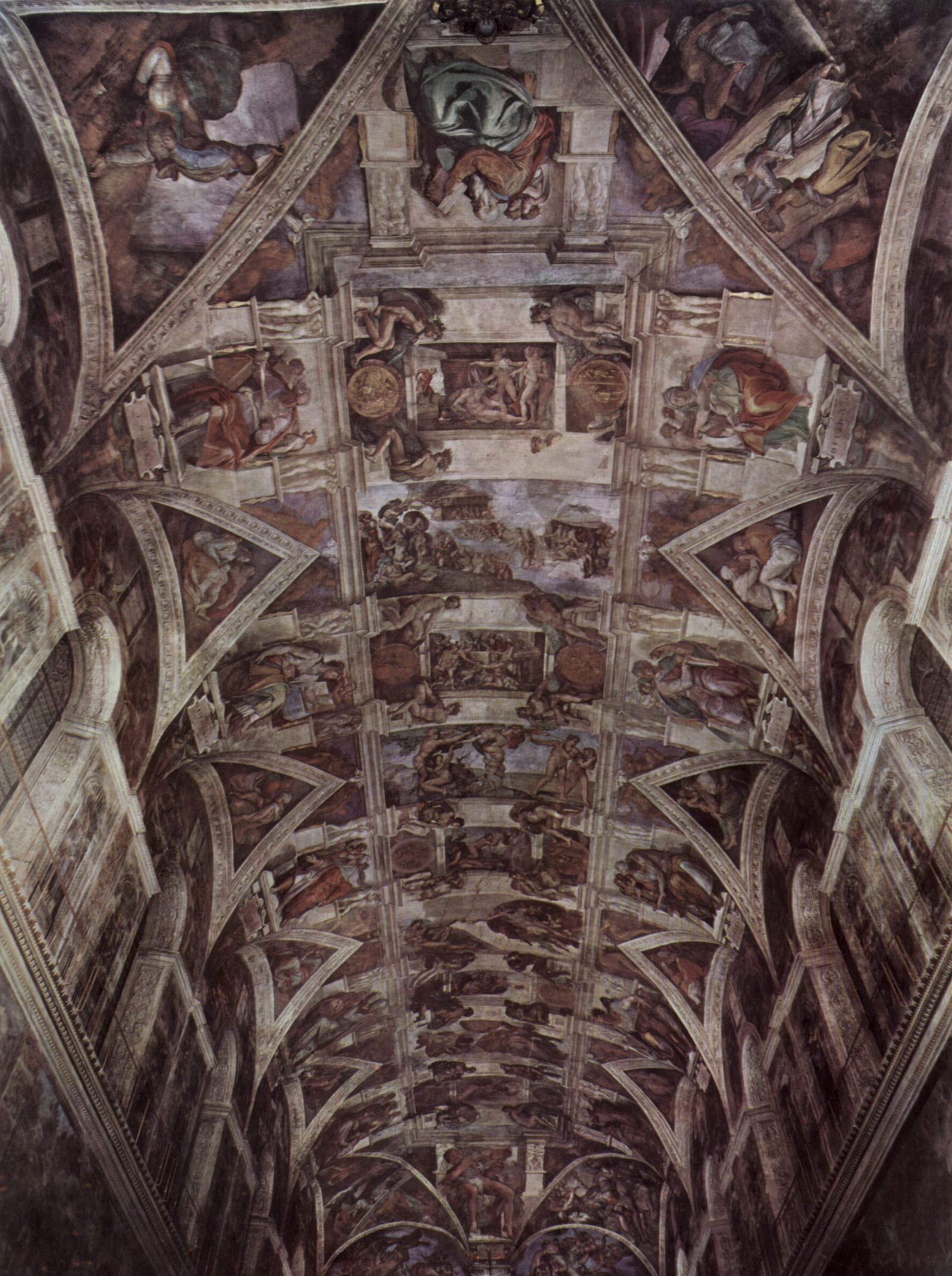 The full ceiling of the Sistine Chapel, painted by Michelangelo between 1508 and 1512, showing the Genesis scenes and surrounding prophets and sibyls.