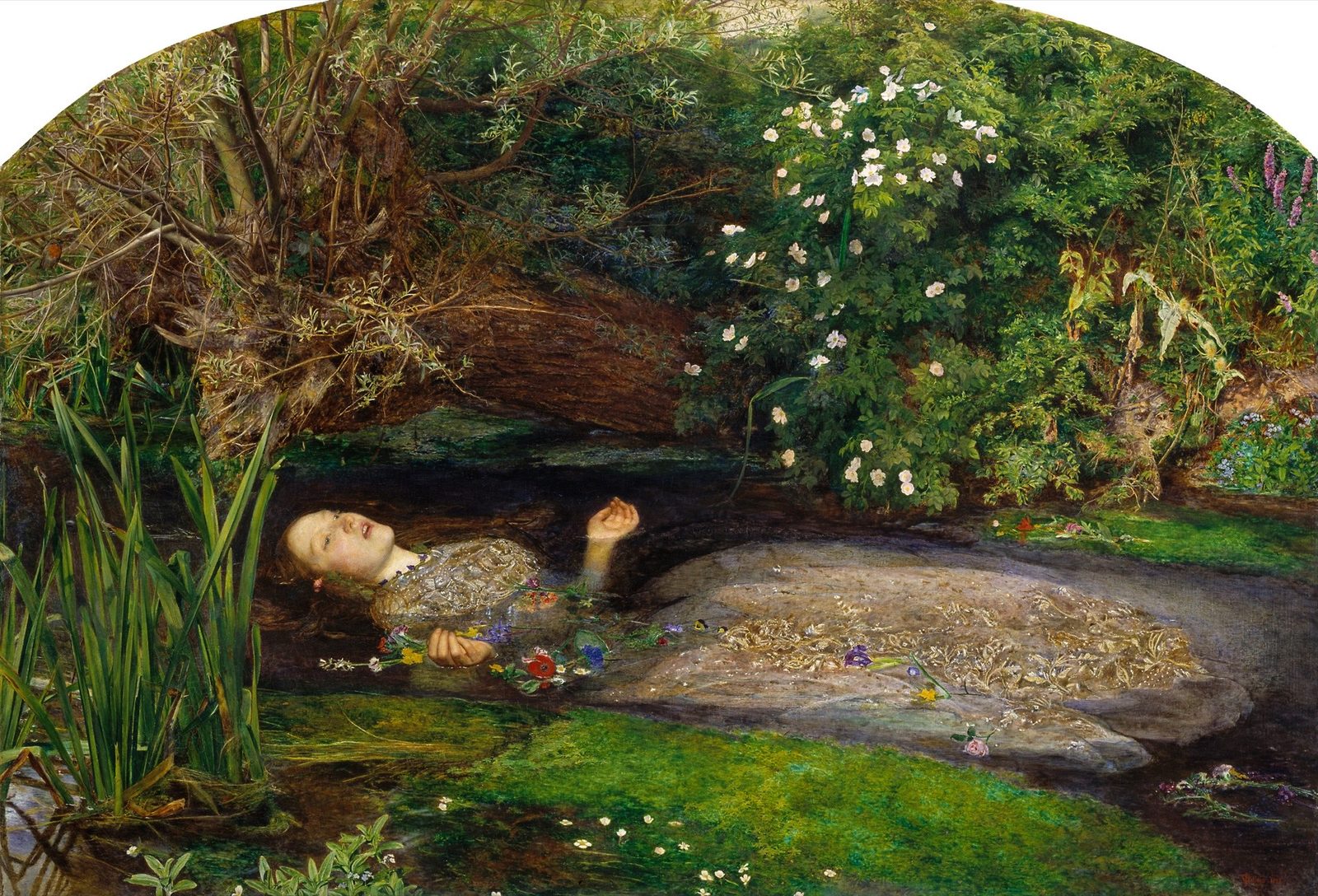 John Everett Millais's 1851-52 painting Ophelia, showing Elizabeth Siddal as the drowning Shakespearean heroine floating amid wildflowers in a river, now held at Tate Britain.