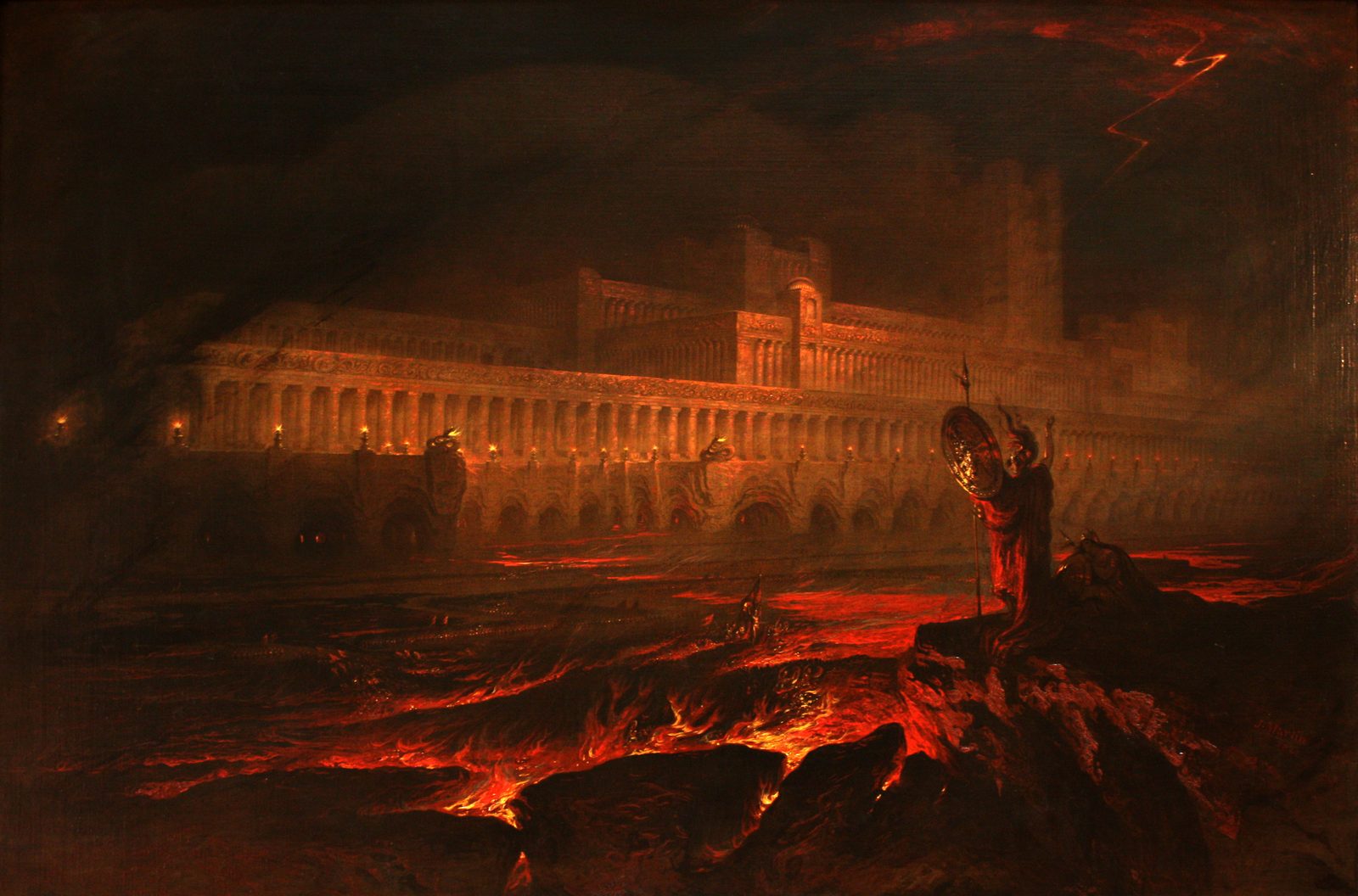 John Martin's 1841 oil painting Pandemonium, showing a vast flame-lit palace rising from the earth as tiny demon figures gather below, with Satan standing in the foreground.