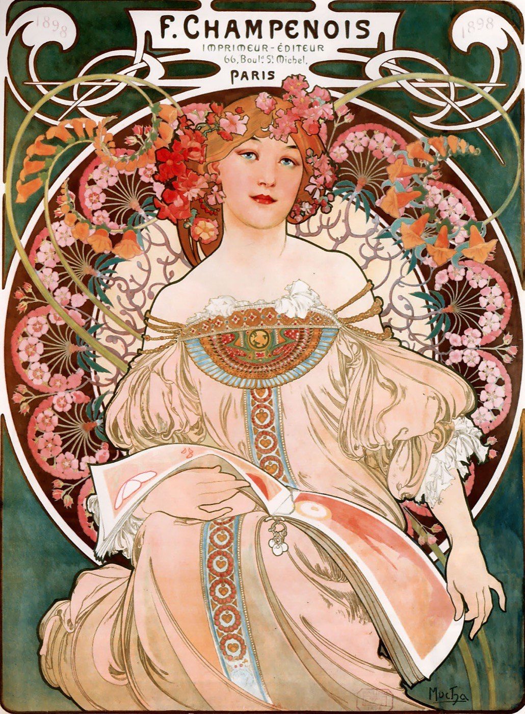 Alphonse Mucha's lithographed poster advertising the Paris printing house F. Champenois, showing a woman with flowing hair and a flower crown framed by ornamental Art Nouveau lettering and border patterns.