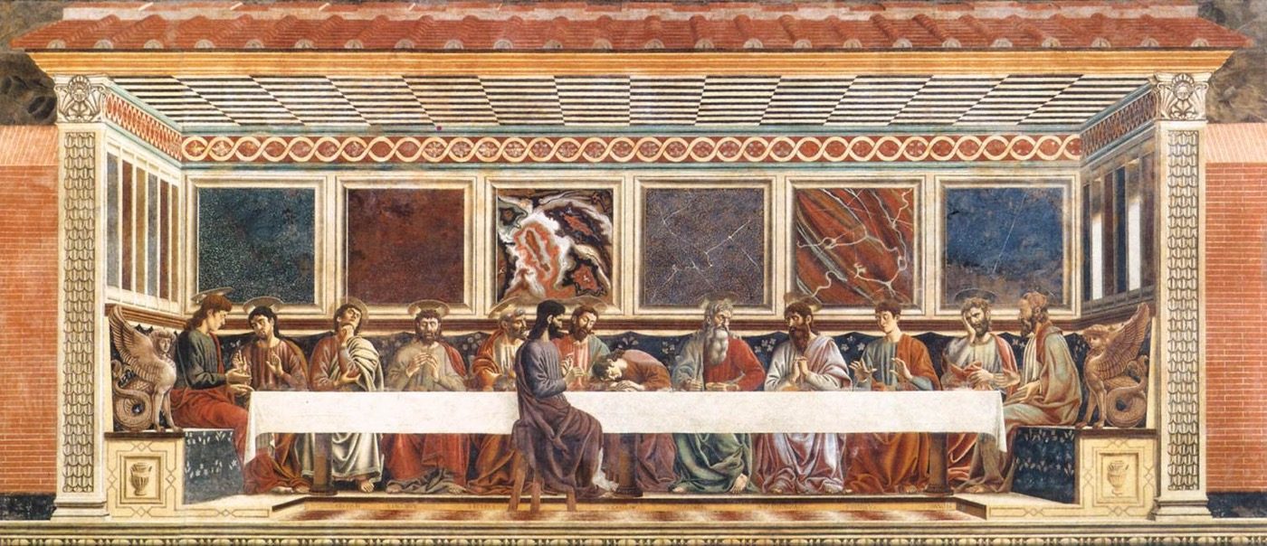 Andrea del Castagno's 1447 fresco The Last Supper at the former convent of Sant'Apollonia in Florence, painted by the artist Vasari later accused of murdering Domenico Veneziano.