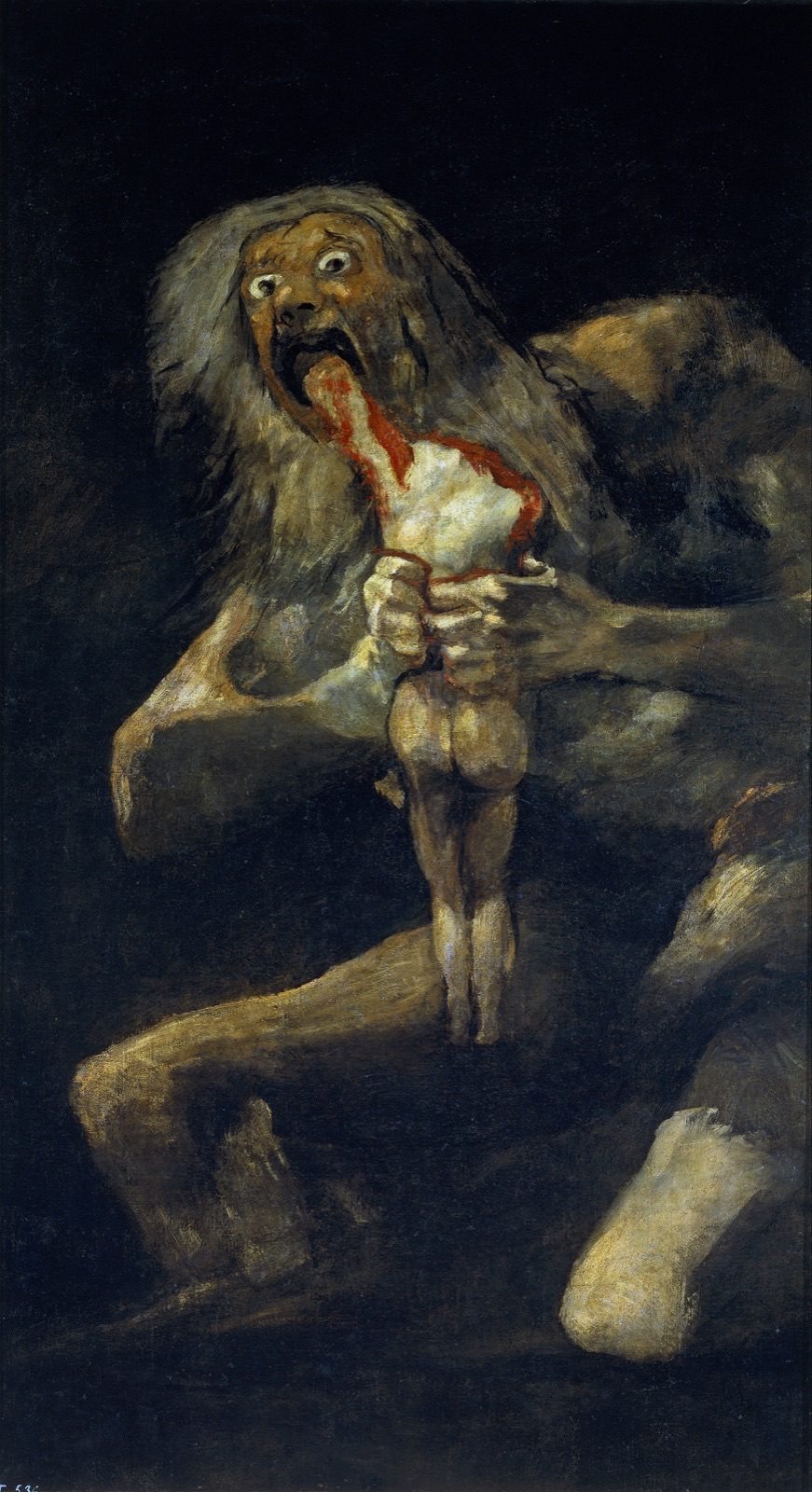 Francisco Goya's Saturn Devouring His Son, c. 1819-1823, showing a wild-eyed Saturn gripping the headless body of a child, from the Black Paintings series at the Museo del Prado