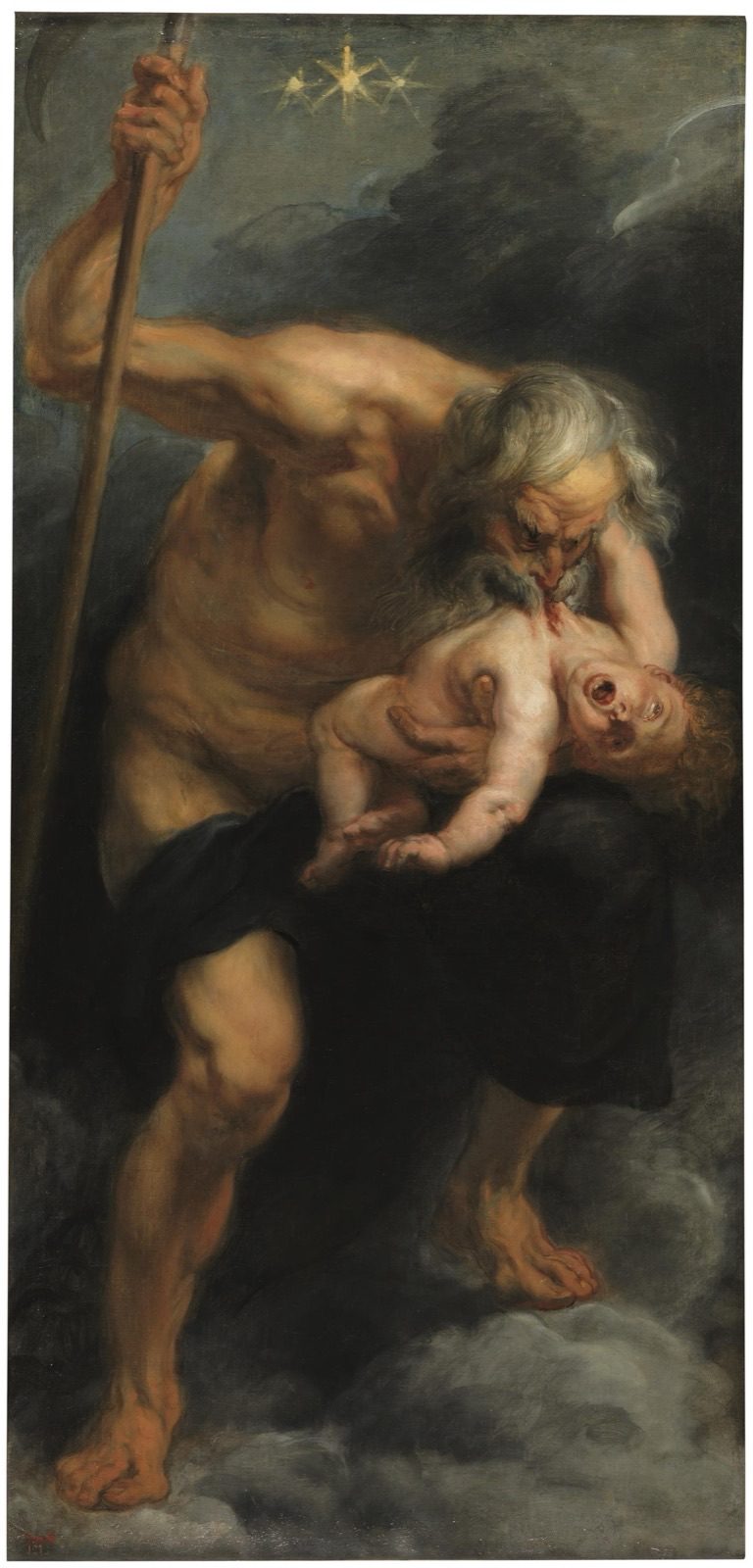 Peter Paul Rubens's Saturn, c. 1636-1638, showing a classically posed Saturn biting into the side of a living infant, Museo del Prado