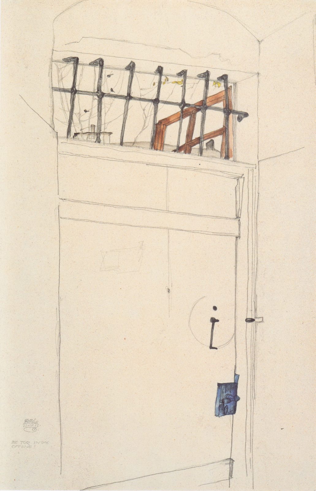 Egon Schiele's 21 April 1912 watercolor 'The Door Into the Open,' showing the cell door that art historian Alessandra Comini later used to identify the exact room in 1963.