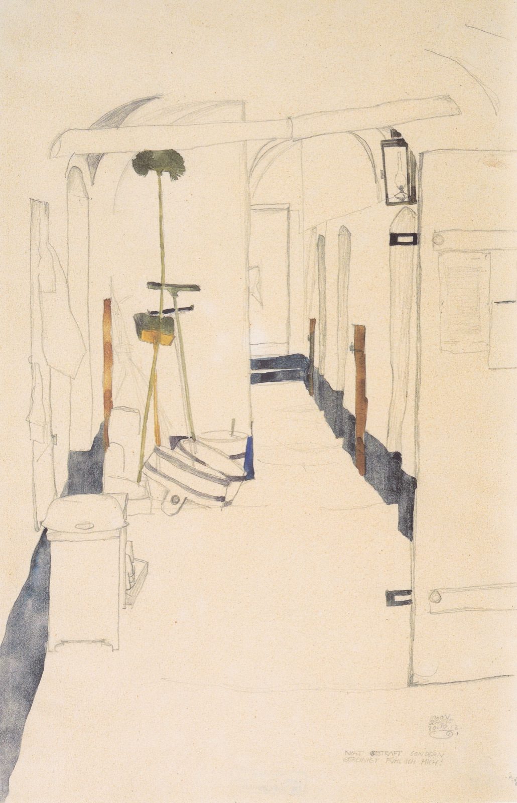 Egon Schiele's 20 April 1912 watercolor titled 'I feel not punished, but purified,' painted during his pretrial detention in Neulengbach.