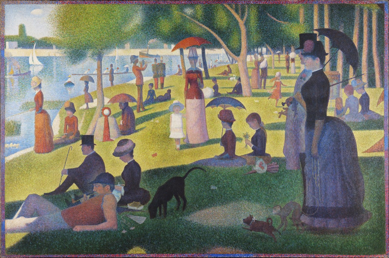 Georges Seurat's A Sunday on La Grande Jatte, 1884, built entirely from small, separated dots of unmixed color that blend into continuous tone and shadow only when viewed from a distance.