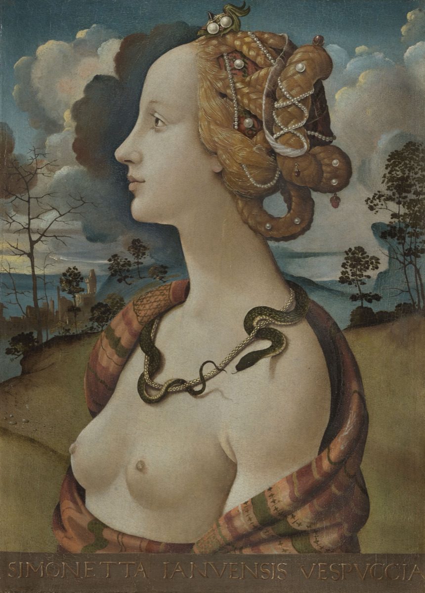 Piero di Cosimo's posthumous portrait of a woman, said to be Simonetta Vespucci, shown bare-shouldered in profile with a small snake coiled around her necklace and a stormy landscape behind her.