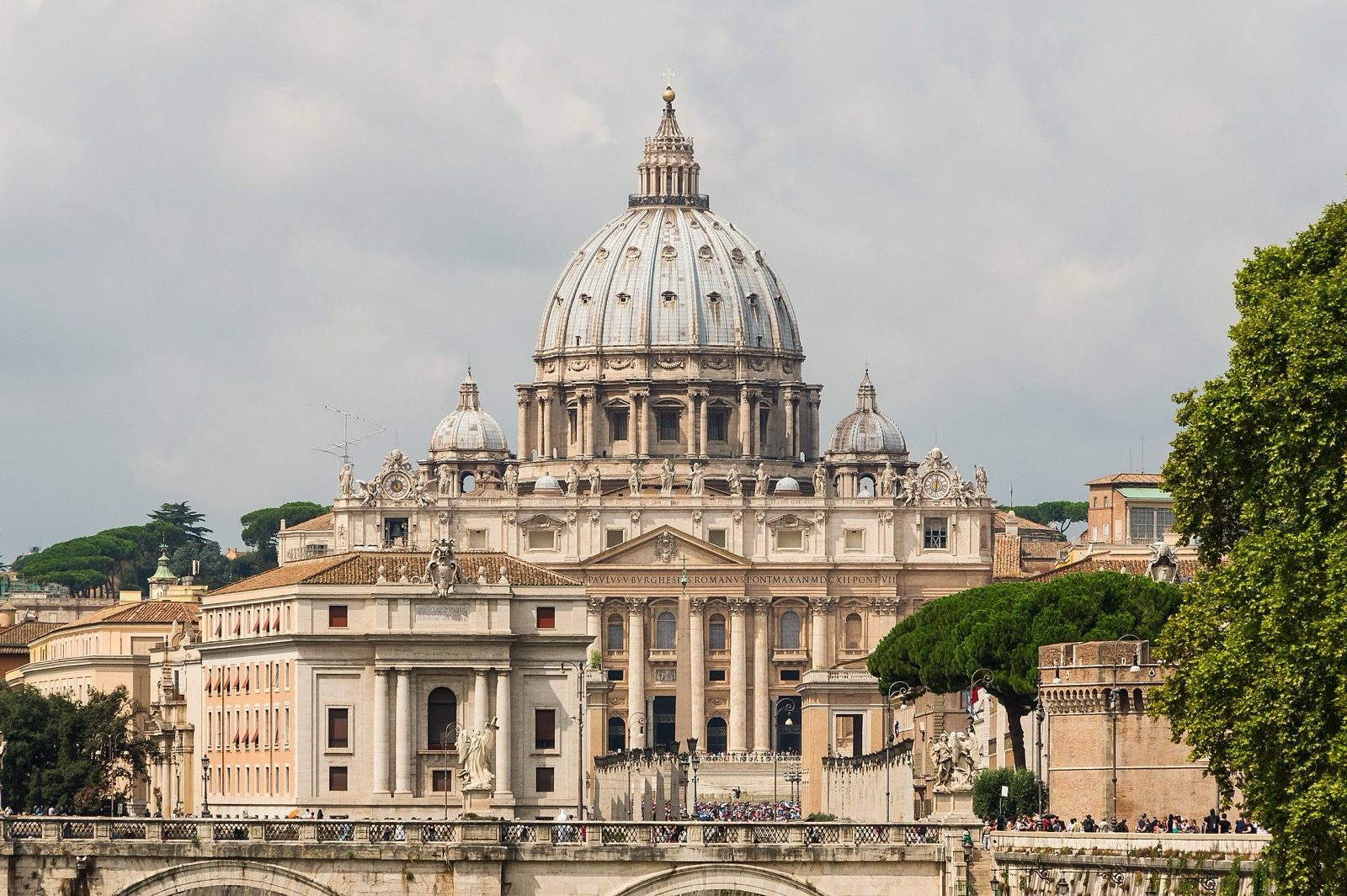 The facade of St. Peter's Basilica in Vatican City, completed by Carlo Maderno in the early 17th century when he extended Michelangelo's centralized plan into a Latin-cross nave.