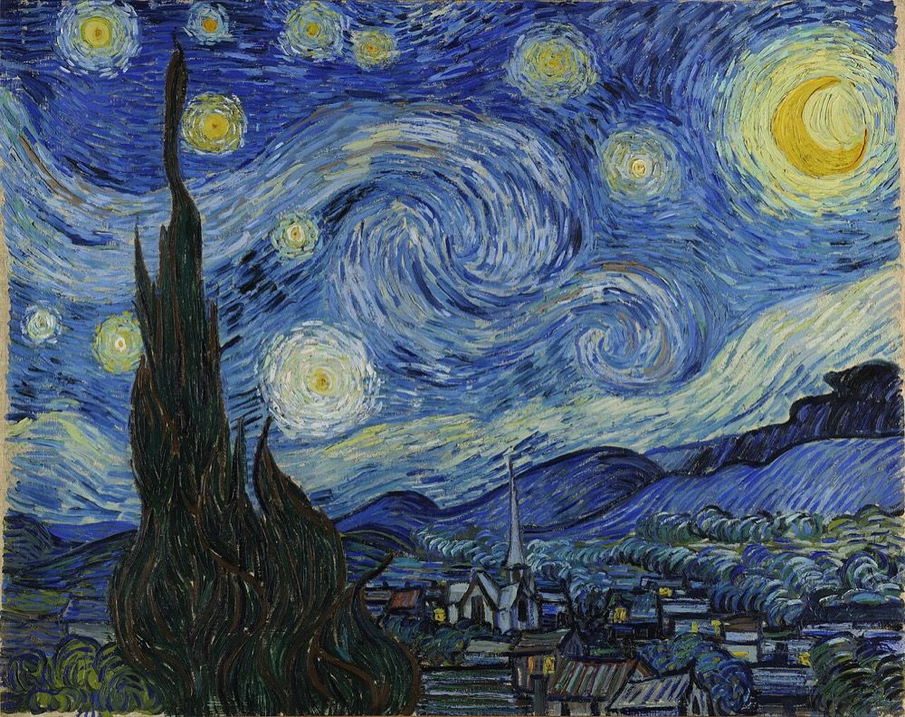 Vincent van Gogh's The Starry Night, 1889, showing a swirling night sky with a bright morning star over an invented village and a large dark cypress tree