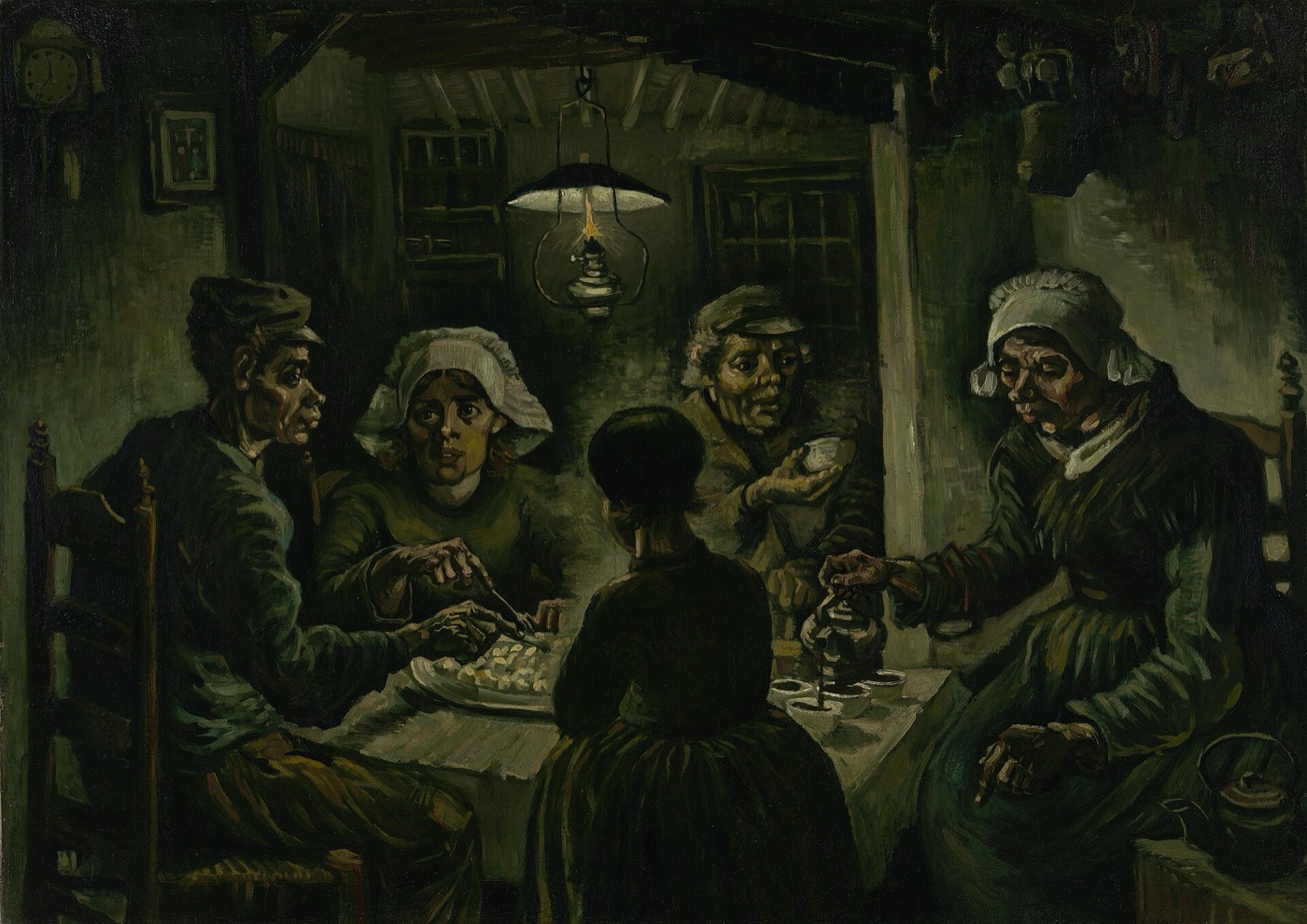The Potato Eaters, 1885: five peasants around a table eating potatoes by lamplight, painted almost entirely in dark earth colours