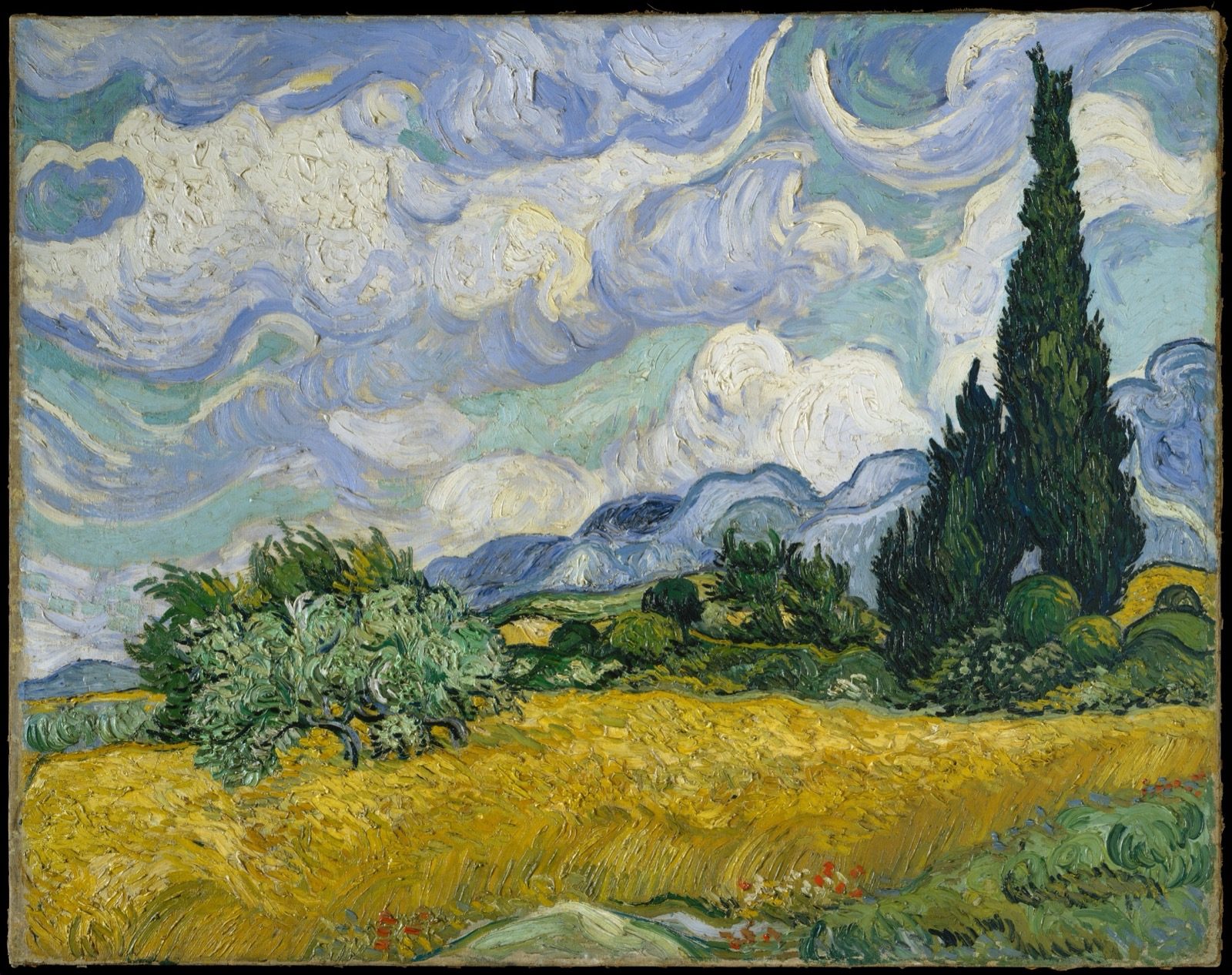 Vincent van Gogh's Wheat Field with Cypresses, 1889, showing thick, raised ridges of paint in the sky and wheat field that stand visibly off the canvas surface, an example of the impasto the 2014 rheology study analyzed.
