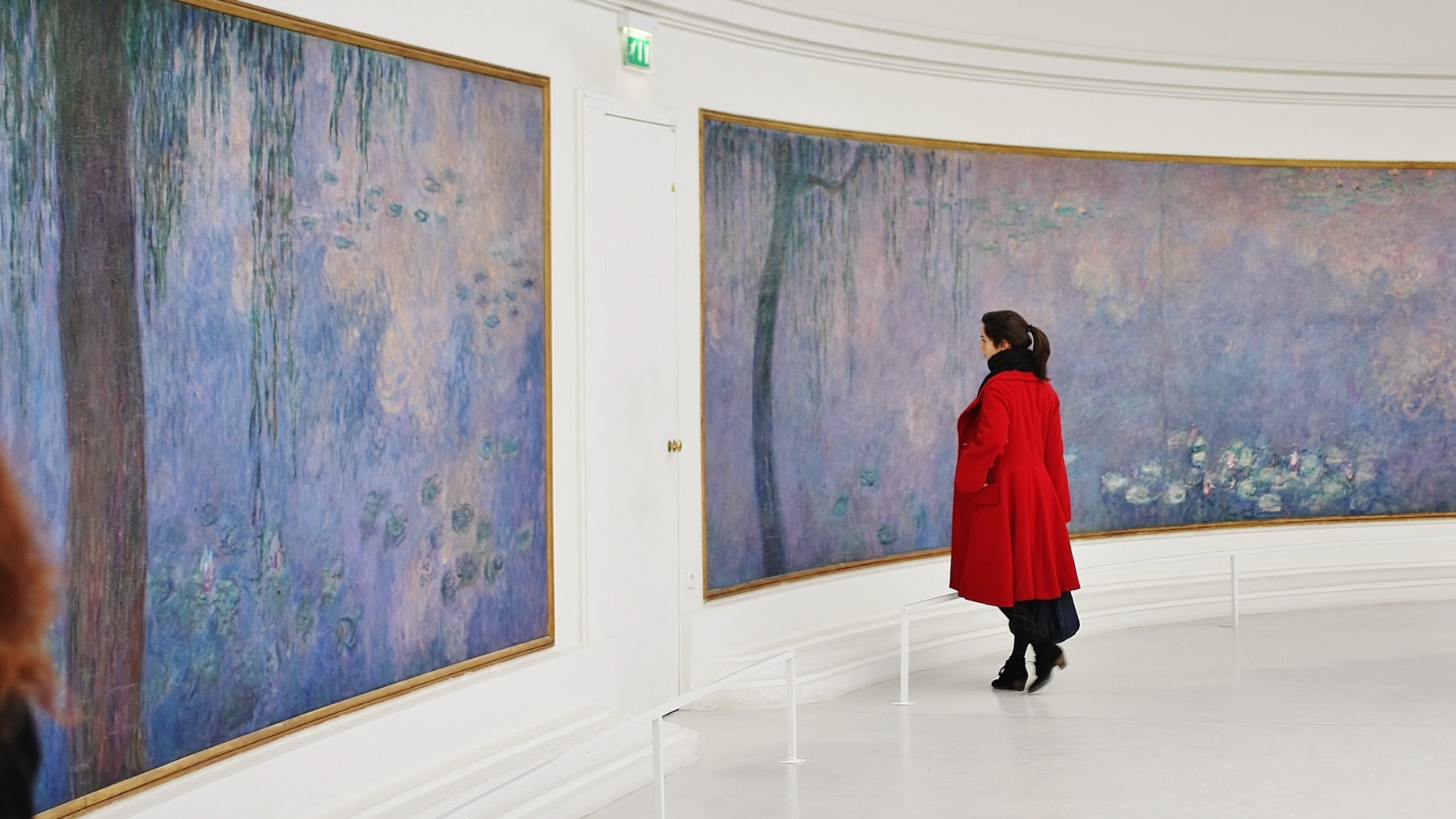 Two of Monet's Water Lilies compositions on the curved wall of an oval gallery at the Musée de l'Orangerie, with a visitor walking past for scale