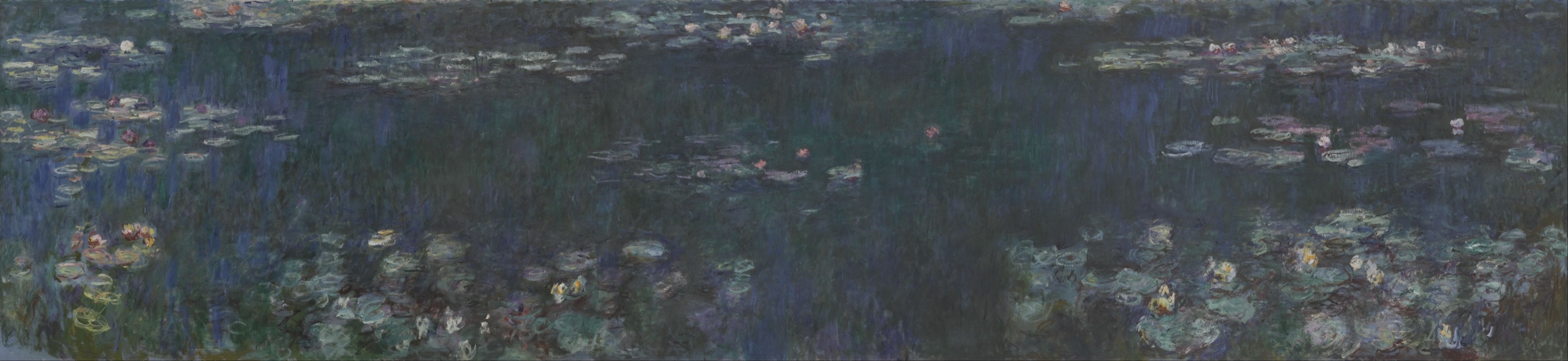 Reflets verts, a Water Lilies composition 8.5 metres wide showing only the surface of the pond, with no bank, shore or horizon visible