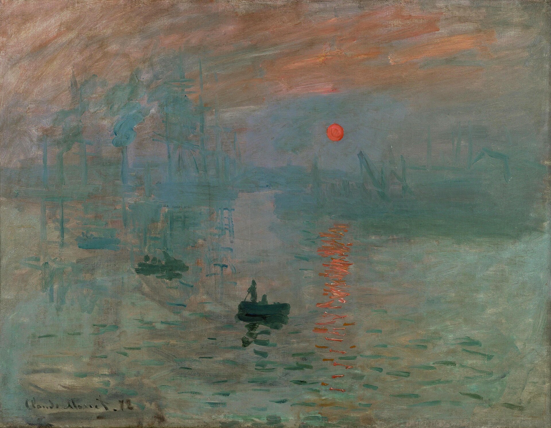 Claude Monet's Impression, Sunrise, 1872: a small rowing boat with two figures on pale blue-green water in dawn haze, an orange sun and its broken orange reflection, ship masts and cranes fading into the mist, signed Claude Monet 72 at lower left.