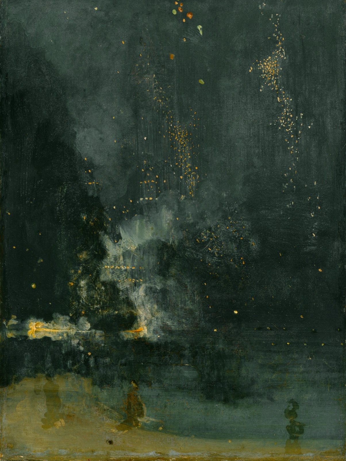 James McNeill Whistler's Nocturne in Black and Gold: The Falling Rocket (1875), a dark nighttime scene showing fireworks bursting over Cremorne Gardens, the painting at the center of his 1878 libel trial against John Ruskin