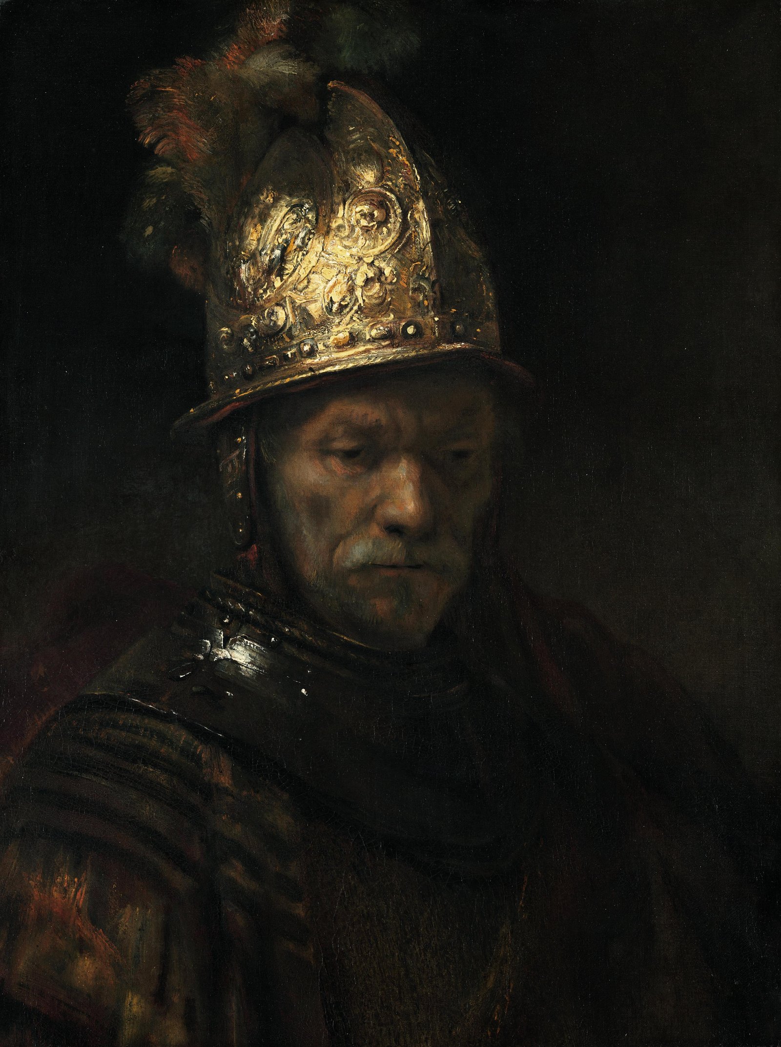 A half-length head of an elderly man turned three-quarters to the right, wearing a large gilded helmet with a plume and an iron gorget. The face is brightly lit and heavily worked, the helmet catches strong gold highlights, and the background behind the figure is almost black.