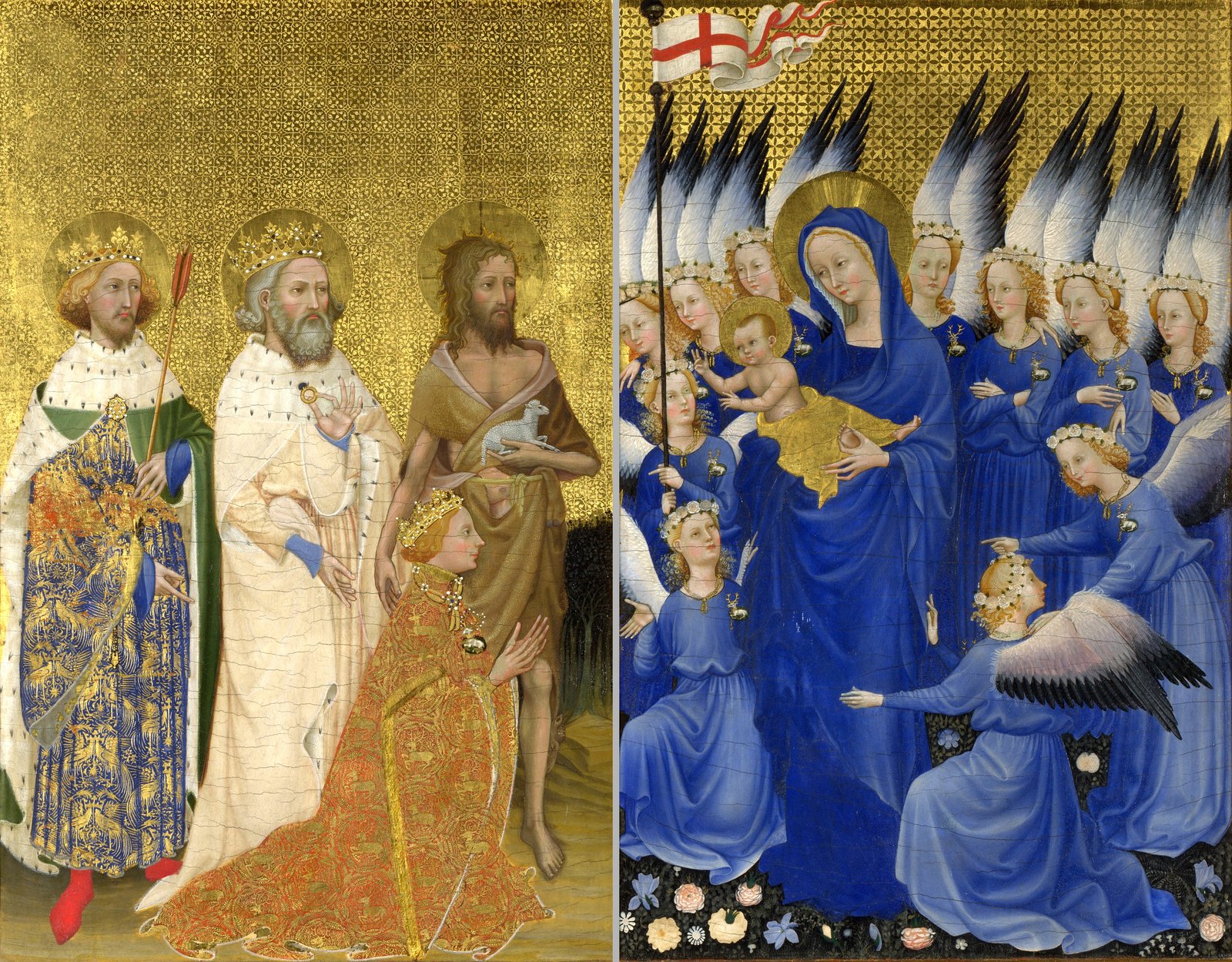 The Wilton Diptych shown as two hinged panels side by side, both against a tooled gold ground. The left panel has three standing saints, two of them crowned and in white robes and one in a camel-hair garment, with a kneeling king in an embroidered gold robe before them. The right panel shows the Virgin in a deep blue cloak holding the Christ Child, surrounded by angels in the same blue with feathered wings, one of them carrying a pennant.